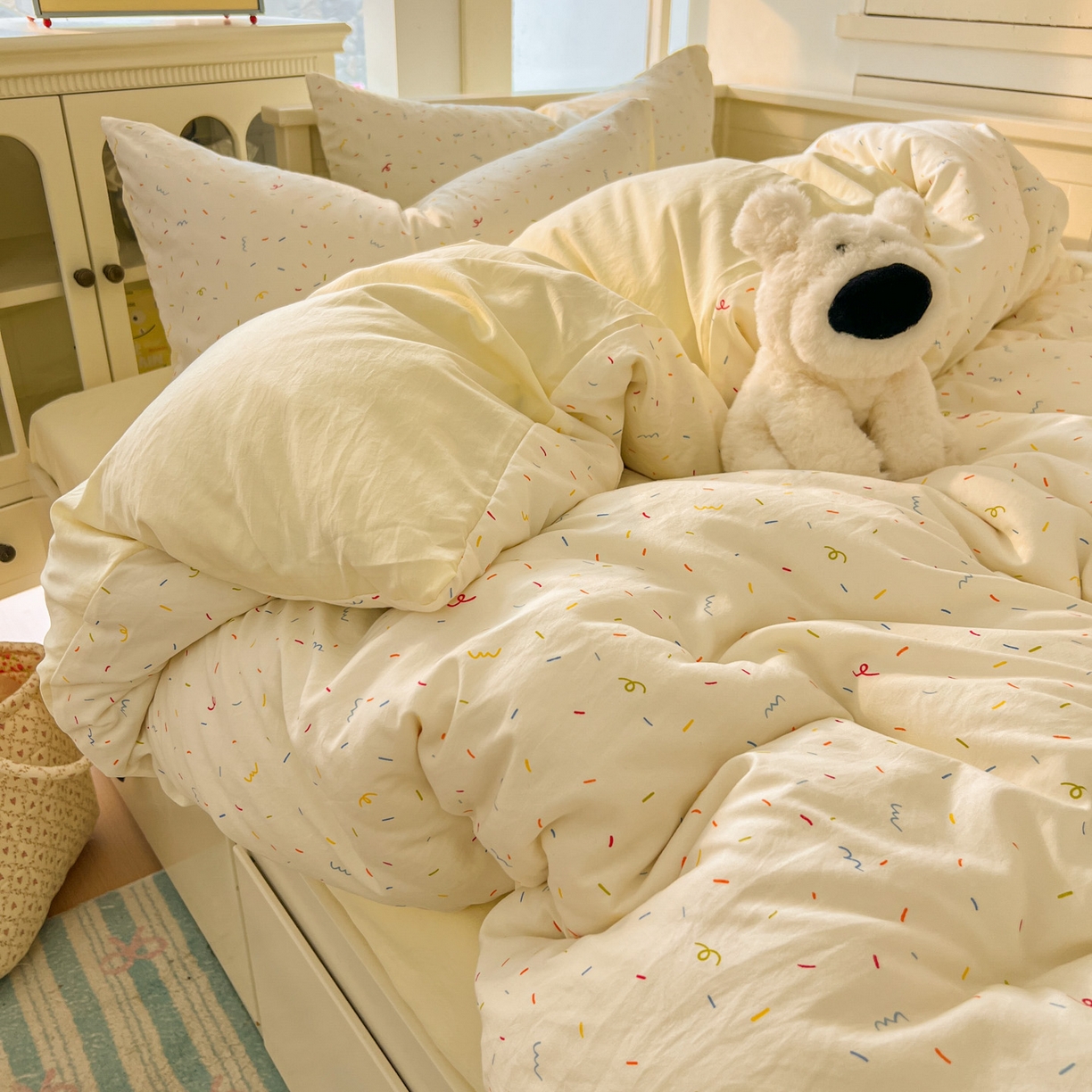 91家纺网 家纺一手货源 找家纺 冕悠家纺 2026新款超柔软105克卡通水洗棉四件套 提供买家秀 冰淇凌奶黄