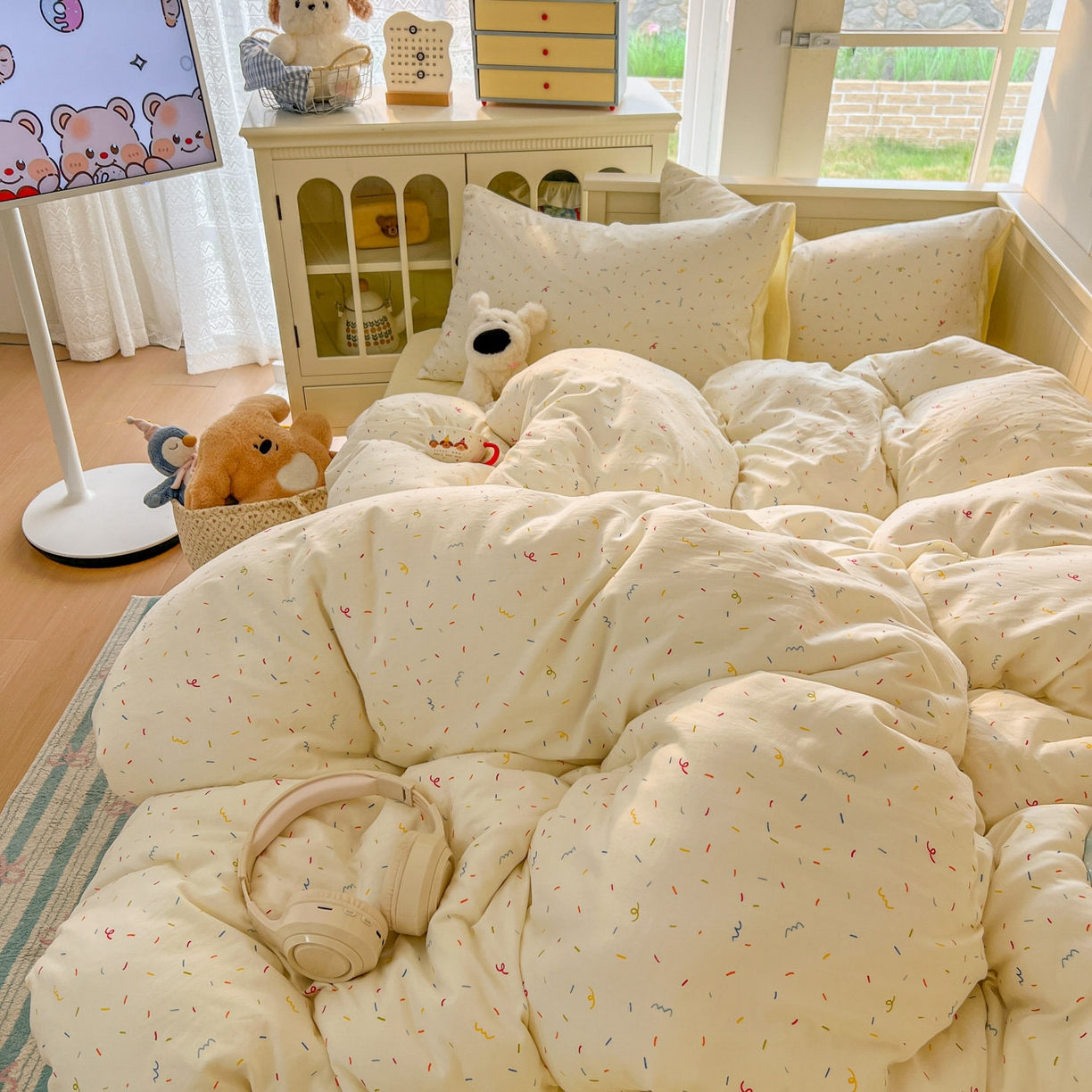 91家纺网 家纺一手货源 找家纺 冕悠家纺 2026新款超柔软105克卡通水洗棉四件套 提供买家秀 冰淇凌奶黄