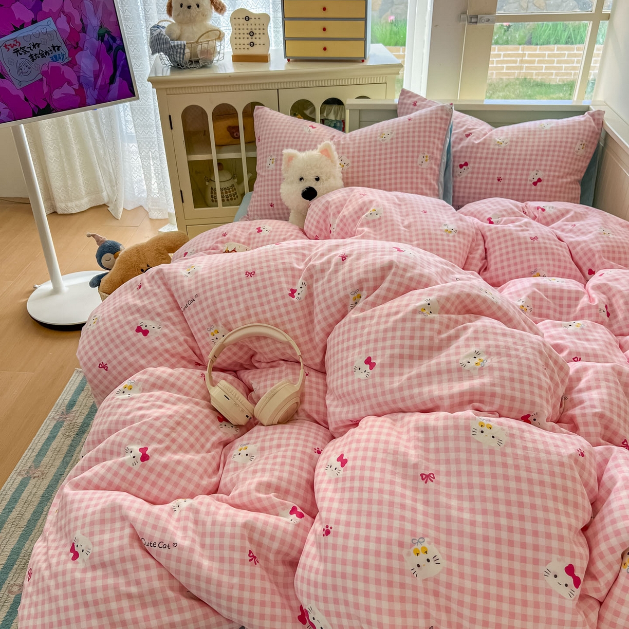 91家纺网 家纺一手货源 找家纺 冕悠家纺 2026新款超柔软105克卡通水洗棉四件套 提供买家秀 粉猫奶蓝