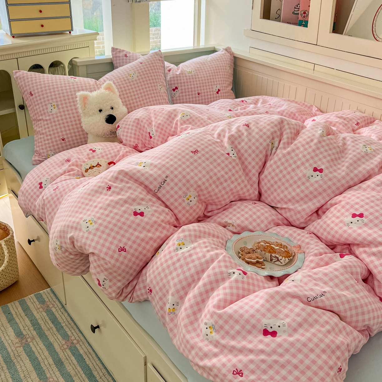 91家纺网 家纺一手货源 找家纺 冕悠家纺 2026新款超柔软105克卡通水洗棉四件套 提供买家秀 粉猫奶蓝