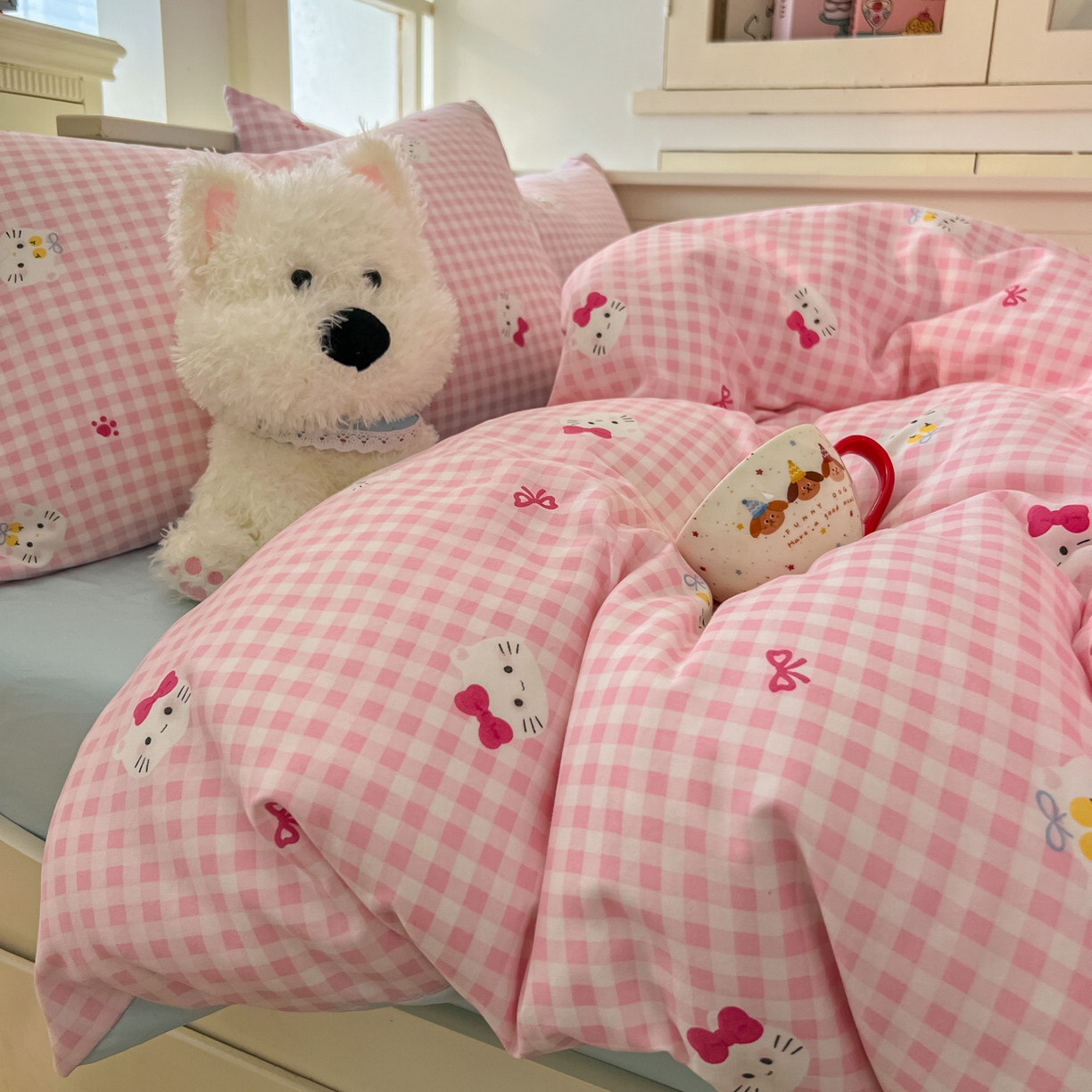 91家纺网 家纺一手货源 找家纺 冕悠家纺 2026新款超柔软105克卡通水洗棉四件套 提供买家秀 粉猫奶蓝