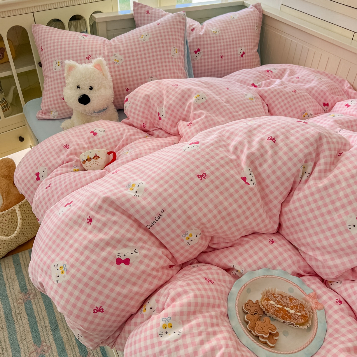 91家纺网 家纺一手货源 找家纺 冕悠家纺 2026新款超柔软105克卡通水洗棉四件套 提供买家秀 粉猫奶蓝