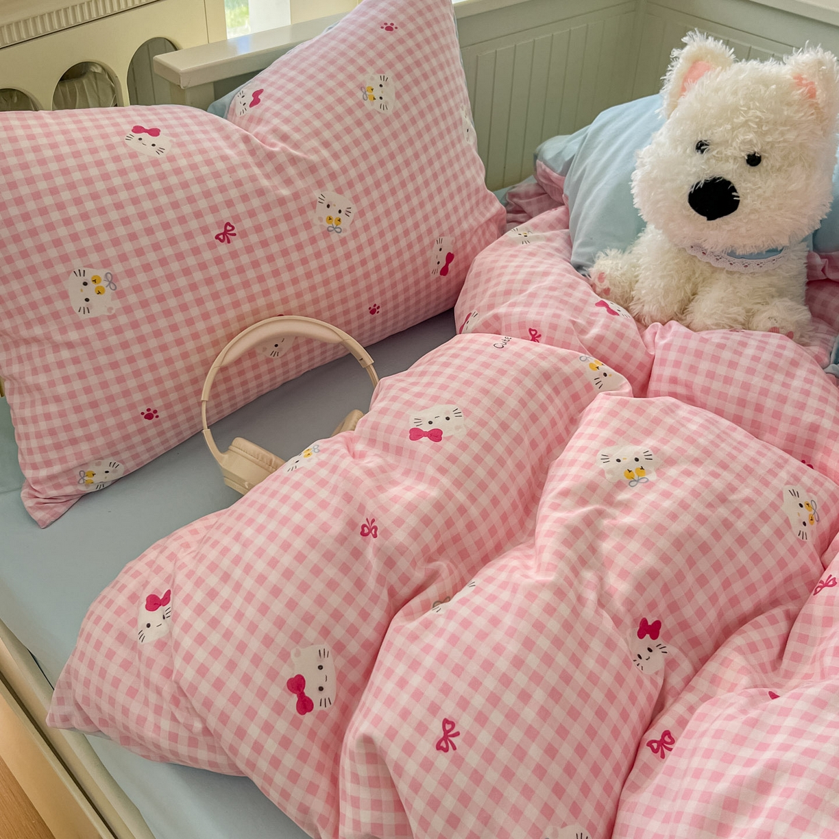 91家纺网 家纺一手货源 找家纺 冕悠家纺 2026新款超柔软105克卡通水洗棉四件套 提供买家秀 粉猫奶蓝