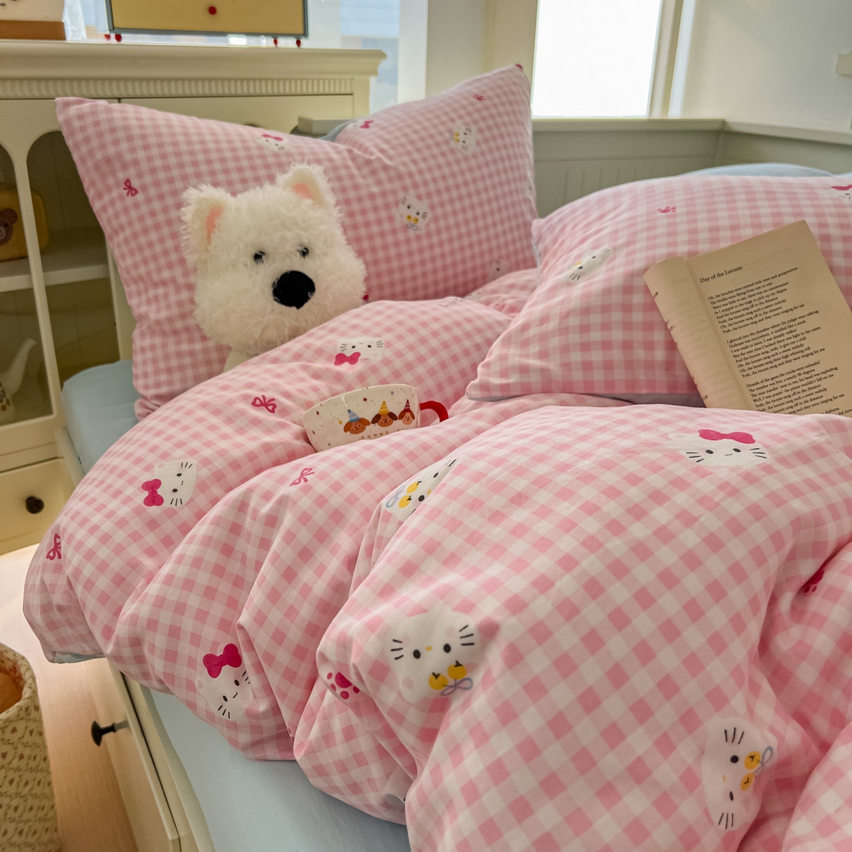 91家纺网 家纺一手货源 找家纺 冕悠家纺 2026新款超柔软105克卡通水洗棉四件套 提供买家秀 粉猫奶蓝