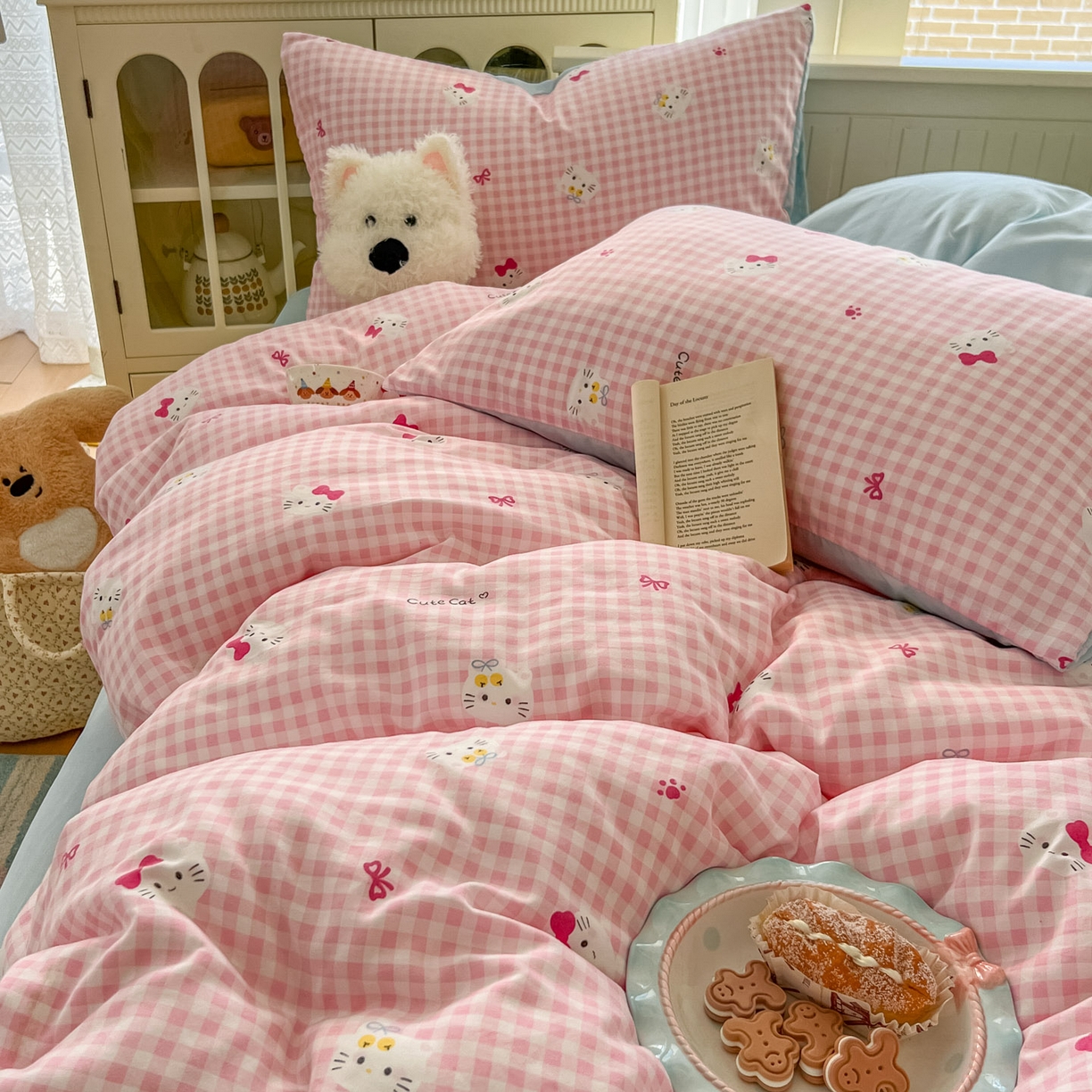 91家纺网 家纺一手货源 找家纺 冕悠家纺 2026新款超柔软105克卡通水洗棉四件套 提供买家秀 粉猫奶蓝