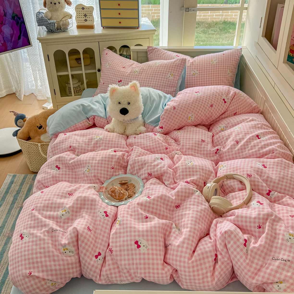 91家纺网 家纺一手货源 找家纺 冕悠家纺 2026新款超柔软105克卡通水洗棉四件套 提供买家秀 粉猫奶蓝