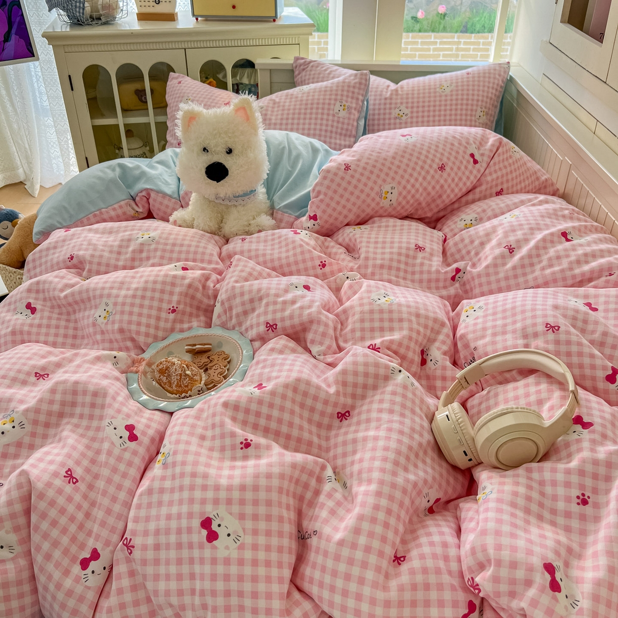 91家纺网 家纺一手货源 找家纺 冕悠家纺 2026新款超柔软105克卡通水洗棉四件套 提供买家秀 粉猫奶蓝