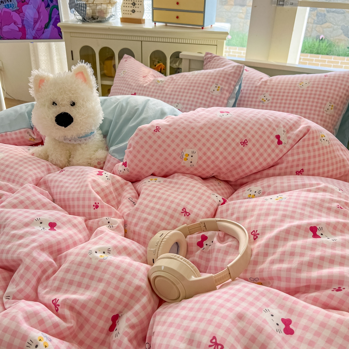 91家纺网 家纺一手货源 找家纺 冕悠家纺 2026新款超柔软105克卡通水洗棉四件套 提供买家秀 粉猫奶蓝