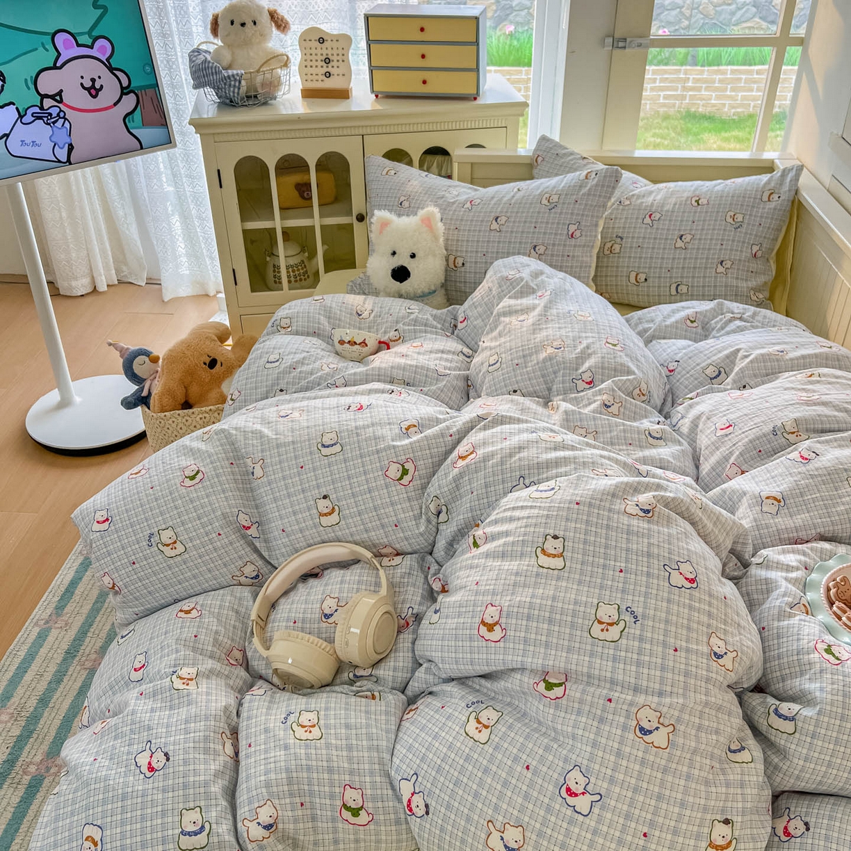 91家纺网 家纺一手货源 找家纺 冕悠家纺 2026新款超柔软105克卡通水洗棉四件套 提供买家秀 狗狗奶黄