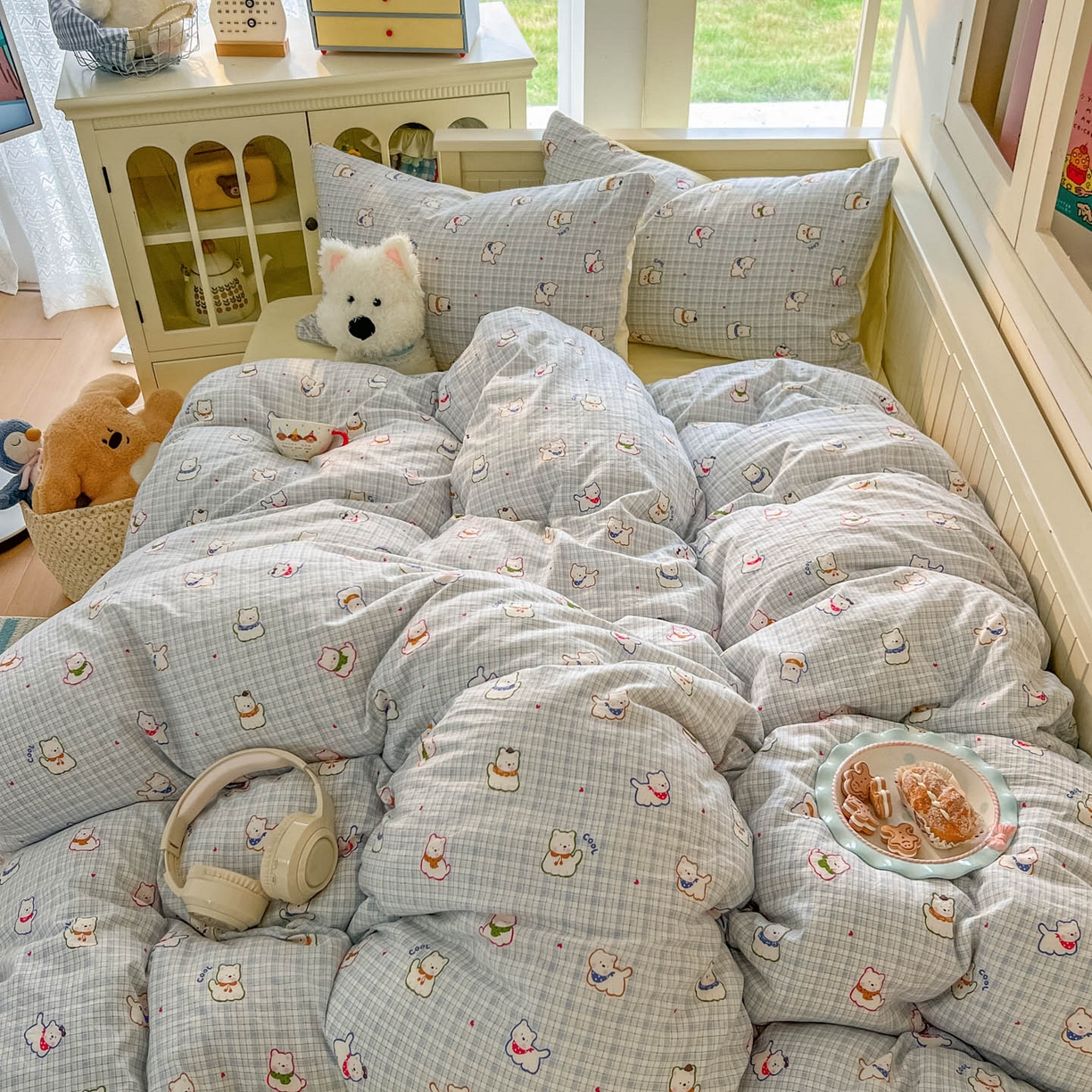 91家纺网 家纺一手货源 找家纺 冕悠家纺 2026新款超柔软105克卡通水洗棉四件套 提供买家秀 狗狗奶黄