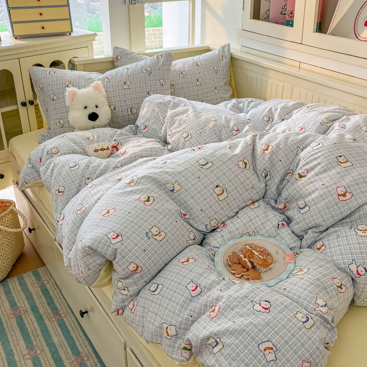 91家纺网 家纺一手货源 找家纺 冕悠家纺 2026新款超柔软105克卡通水洗棉四件套 提供买家秀 狗狗奶黄