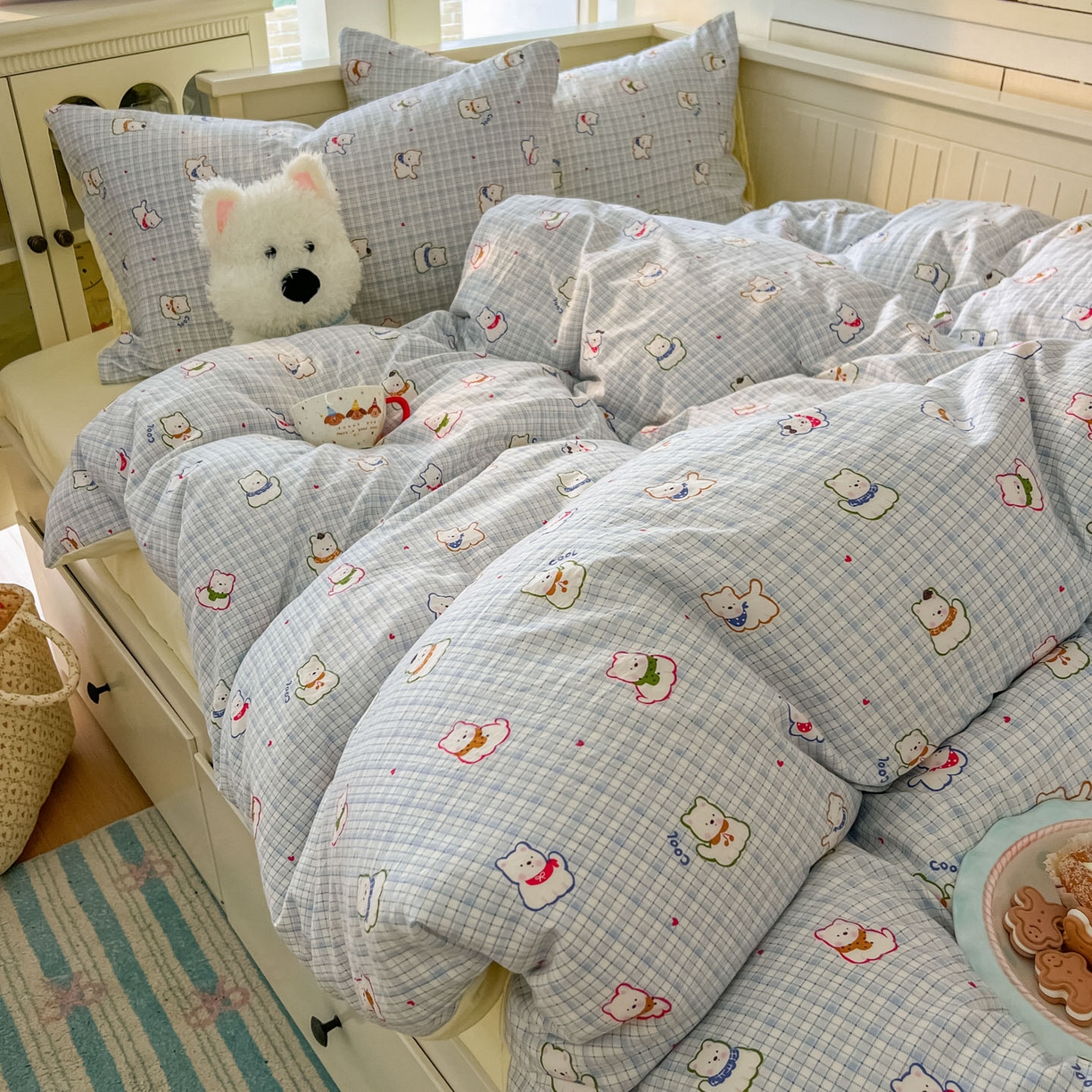 91家纺网 家纺一手货源 找家纺 冕悠家纺 2026新款超柔软105克卡通水洗棉四件套 提供买家秀 狗狗奶黄