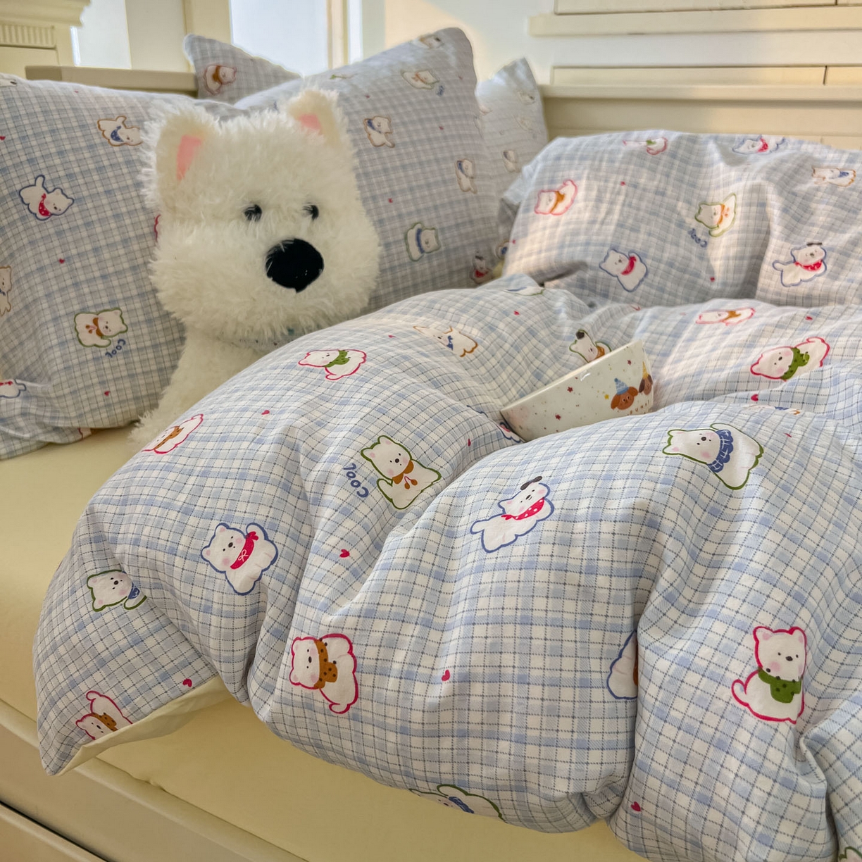 91家纺网 家纺一手货源 找家纺 冕悠家纺 2026新款超柔软105克卡通水洗棉四件套 提供买家秀 狗狗奶黄