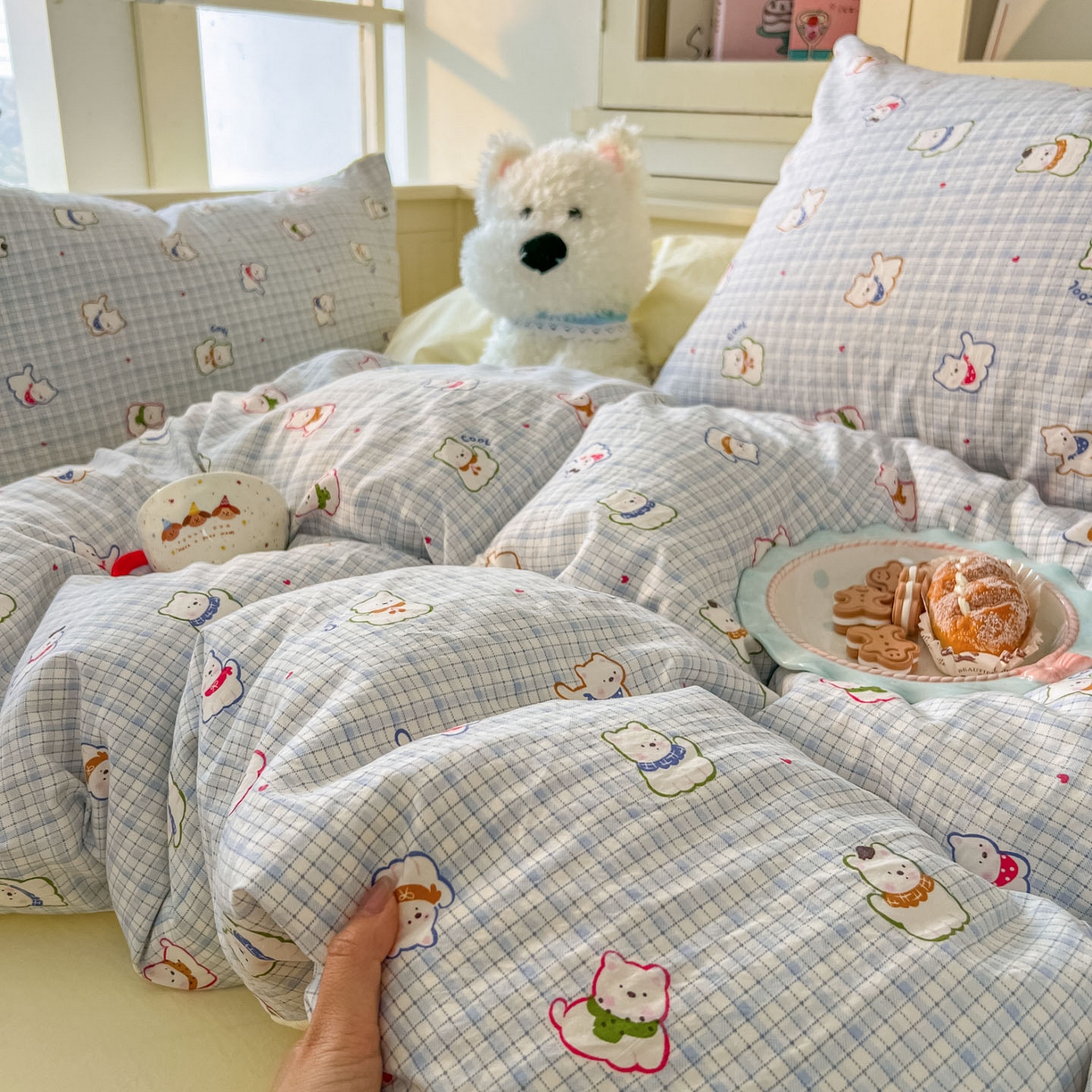 91家纺网 家纺一手货源 找家纺 冕悠家纺 2026新款超柔软105克卡通水洗棉四件套 提供买家秀 狗狗奶黄