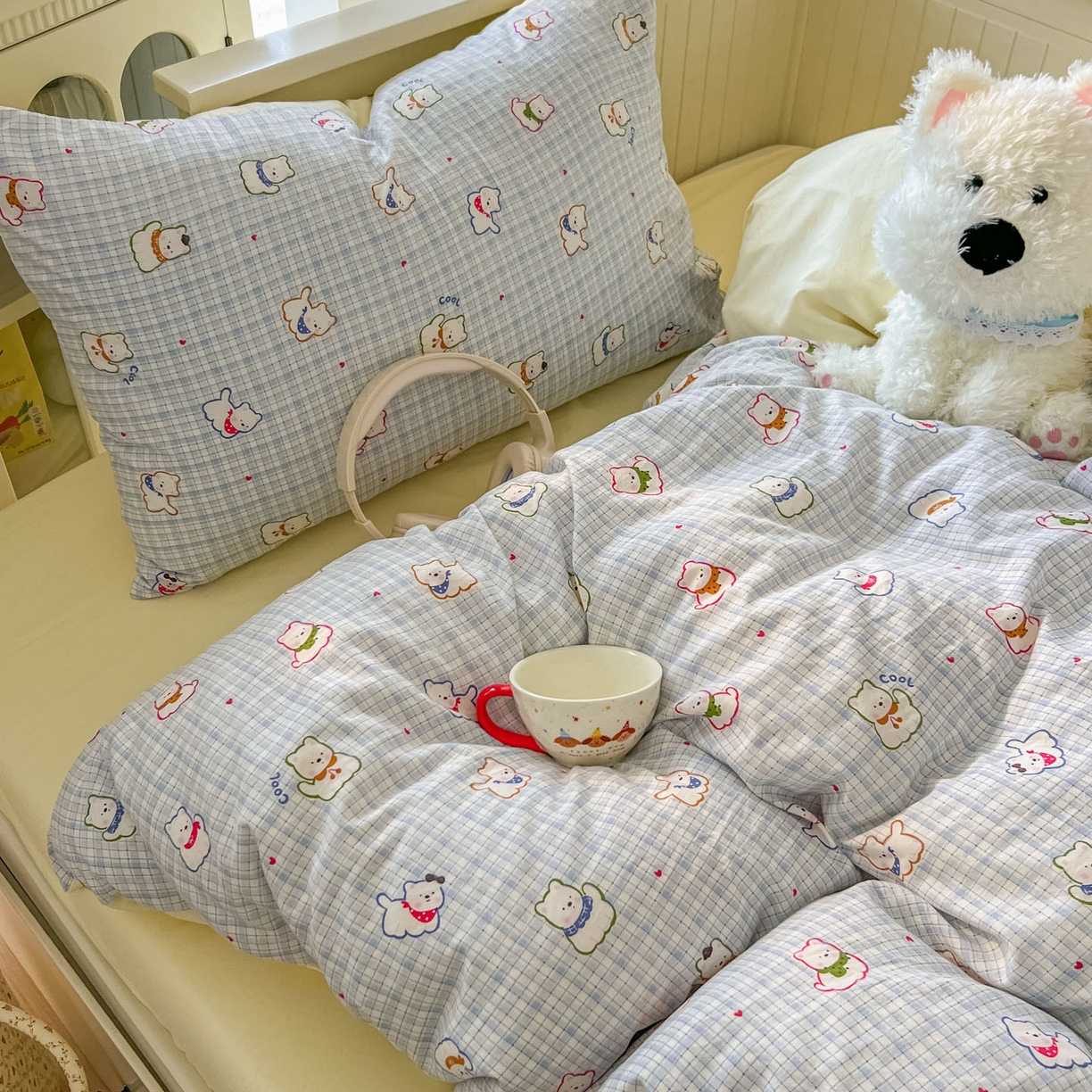 91家纺网 家纺一手货源 找家纺 冕悠家纺 2026新款超柔软105克卡通水洗棉四件套 提供买家秀 狗狗奶黄