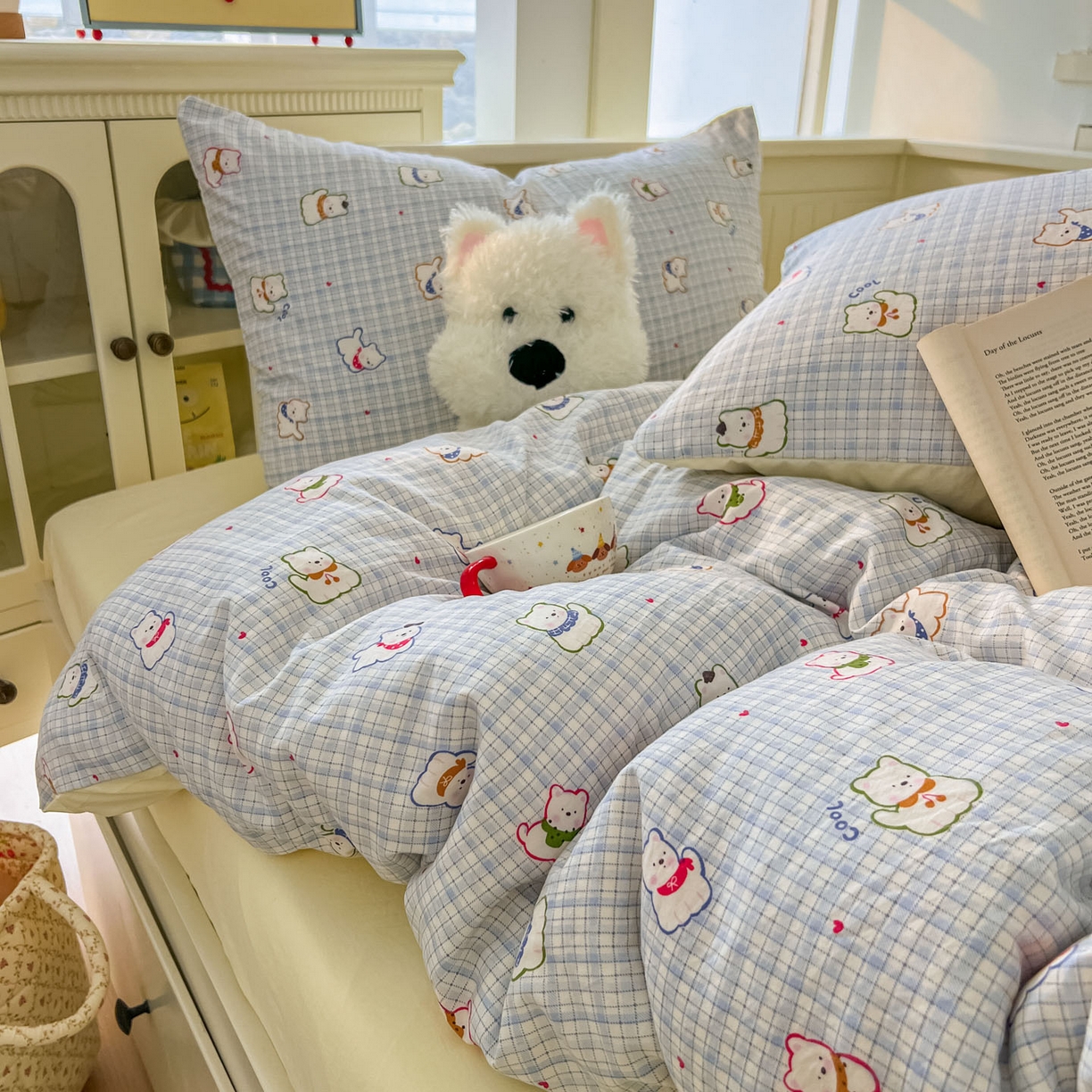 91家纺网 家纺一手货源 找家纺 冕悠家纺 2026新款超柔软105克卡通水洗棉四件套 提供买家秀 狗狗奶黄