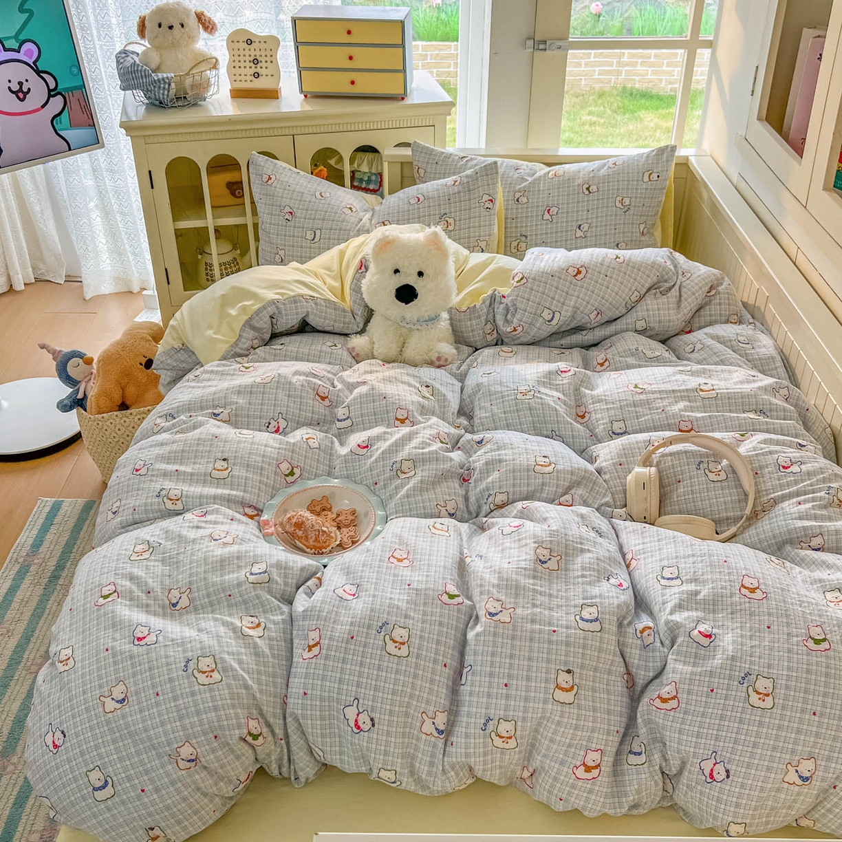 91家纺网 家纺一手货源 找家纺 冕悠家纺 2026新款超柔软105克卡通水洗棉四件套 提供买家秀 狗狗奶黄