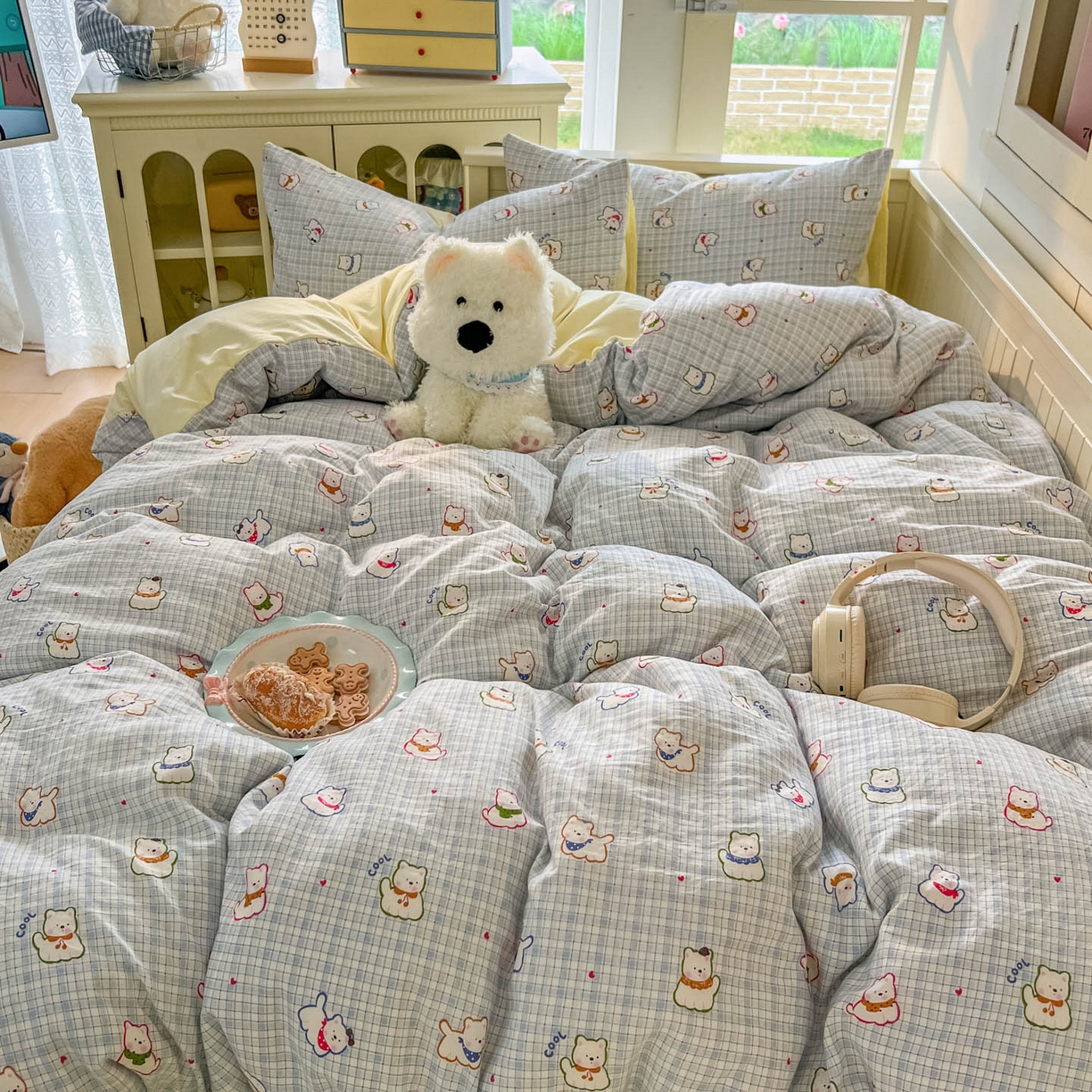 91家纺网 家纺一手货源 找家纺 冕悠家纺 2026新款超柔软105克卡通水洗棉四件套 提供买家秀 狗狗奶黄