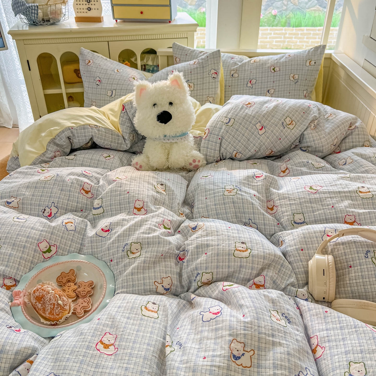 91家纺网 家纺一手货源 找家纺 冕悠家纺 2026新款超柔软105克卡通水洗棉四件套 提供买家秀 狗狗奶黄