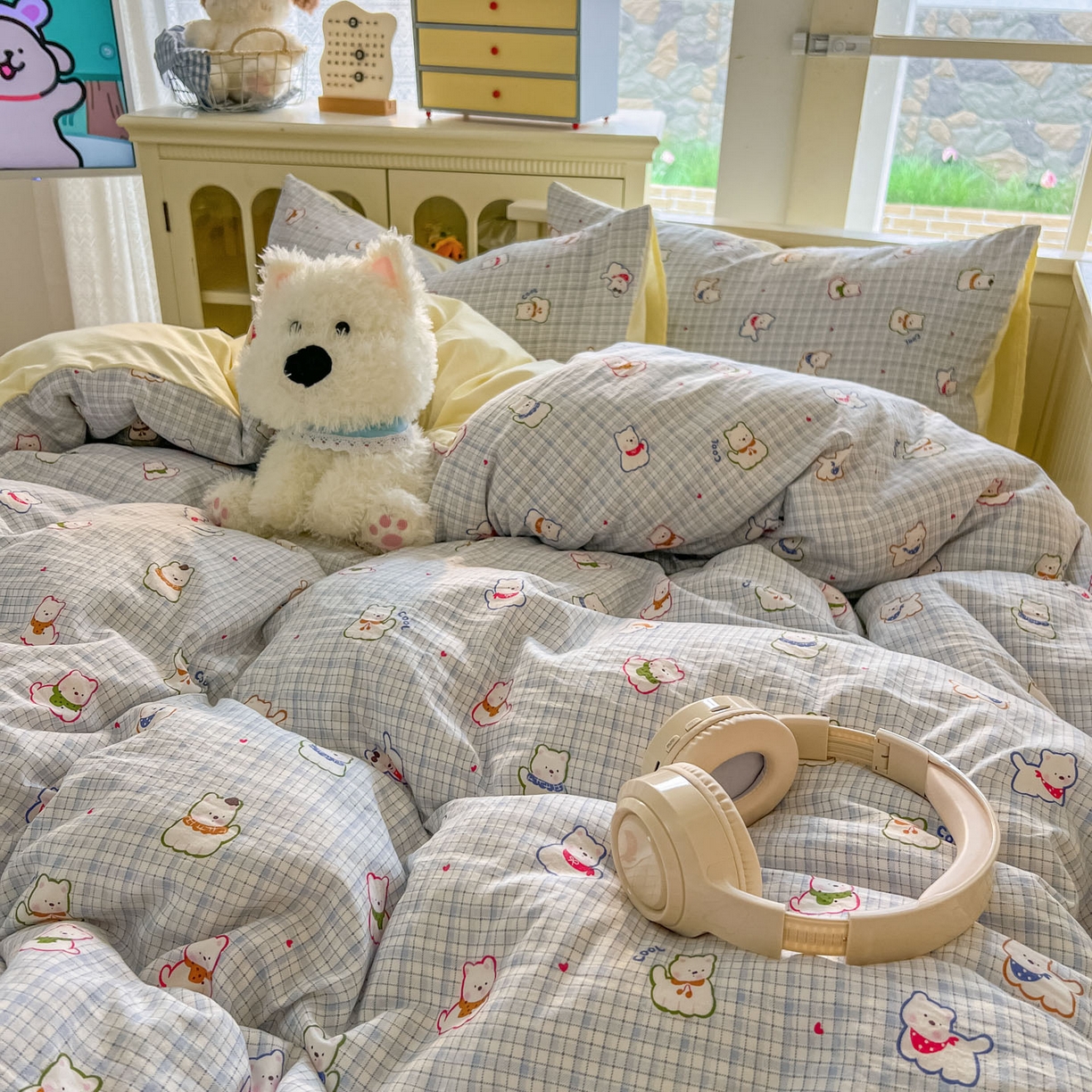 91家纺网 家纺一手货源 找家纺 冕悠家纺 2026新款超柔软105克卡通水洗棉四件套 提供买家秀 狗狗奶黄