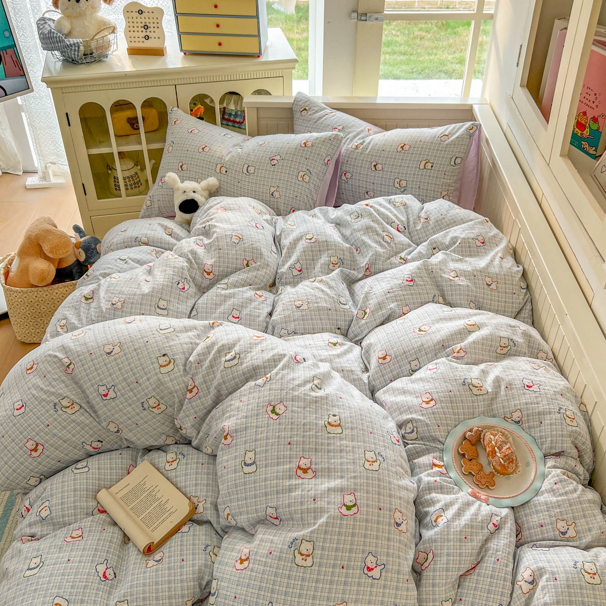 91家纺网 家纺一手货源 找家纺 冕悠家纺 2026新款超柔软105克卡通水洗棉四件套 提供买家秀 狗狗奶紫