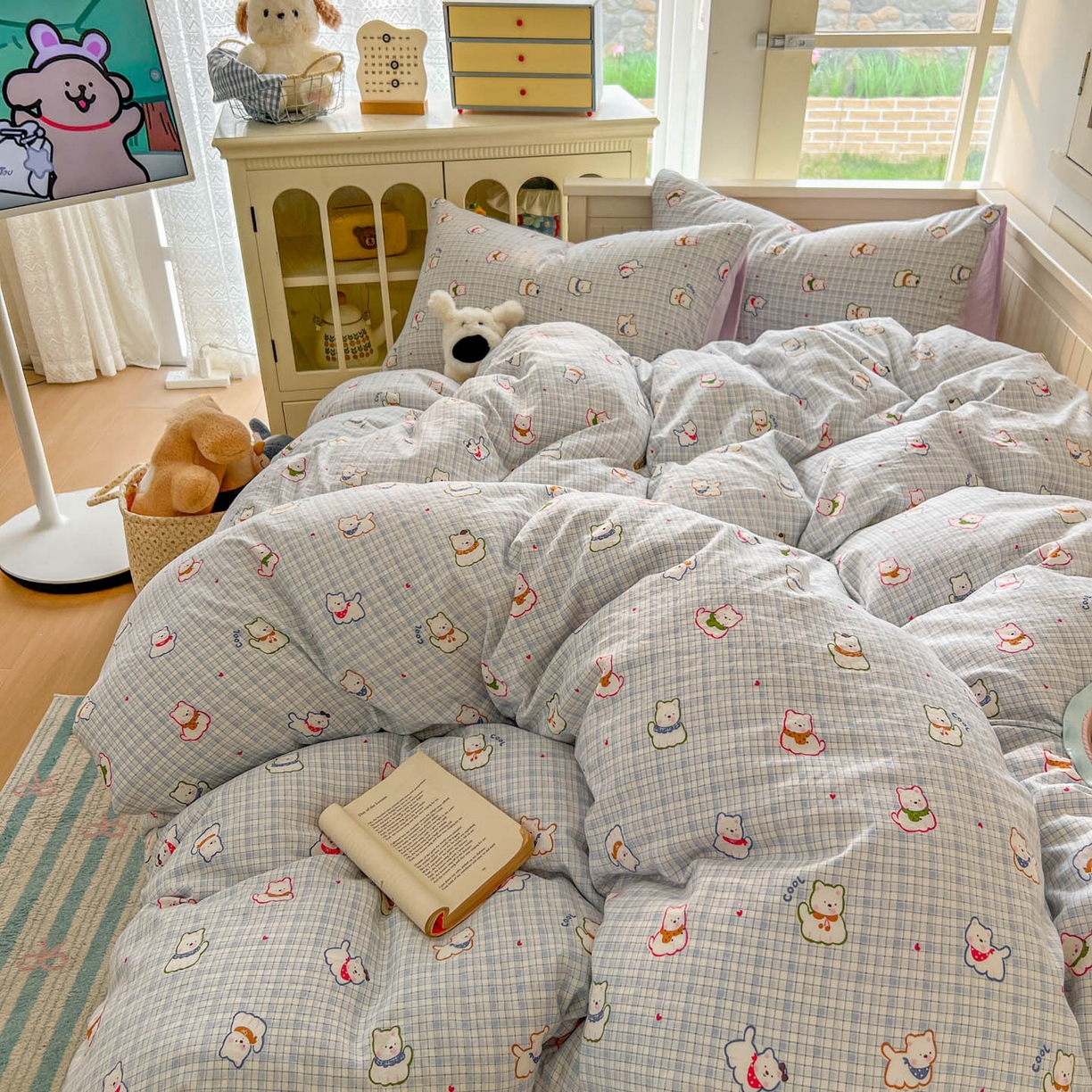 91家纺网 家纺一手货源 找家纺 冕悠家纺 2026新款超柔软105克卡通水洗棉四件套 提供买家秀 狗狗奶紫