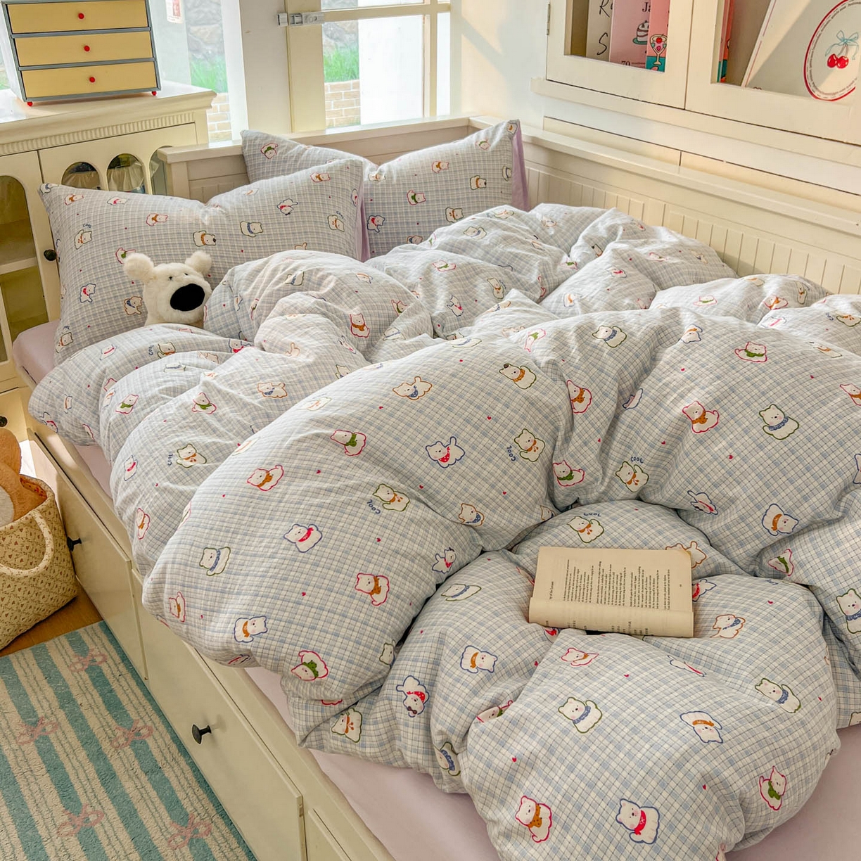 91家纺网 家纺一手货源 找家纺 冕悠家纺 2026新款超柔软105克卡通水洗棉四件套 提供买家秀 狗狗奶紫