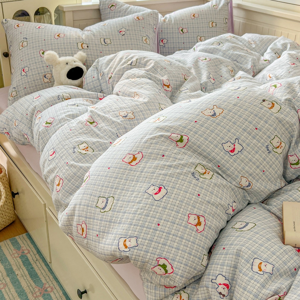 91家纺网 家纺一手货源 找家纺 冕悠家纺 2026新款超柔软105克卡通水洗棉四件套 提供买家秀 狗狗奶紫