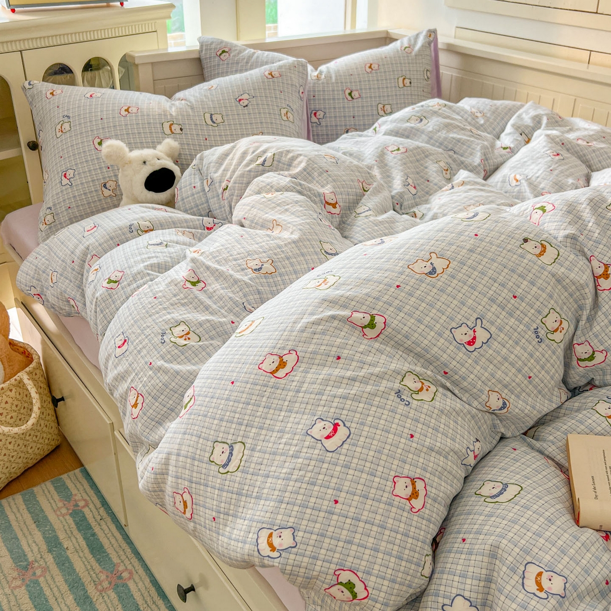 91家纺网 家纺一手货源 找家纺 冕悠家纺 2026新款超柔软105克卡通水洗棉四件套 提供买家秀 狗狗奶紫