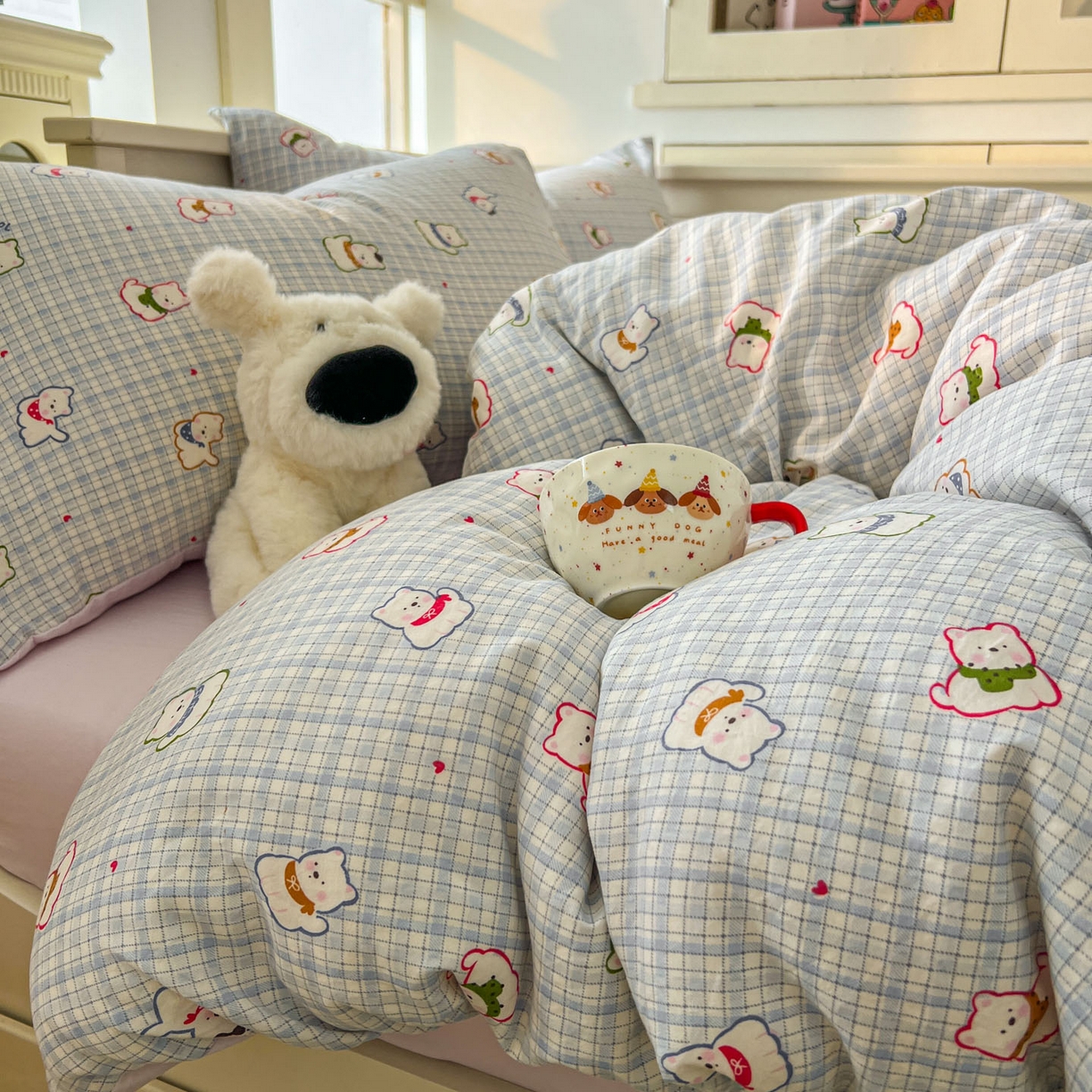 91家纺网 家纺一手货源 找家纺 冕悠家纺 2026新款超柔软105克卡通水洗棉四件套 提供买家秀 狗狗奶紫