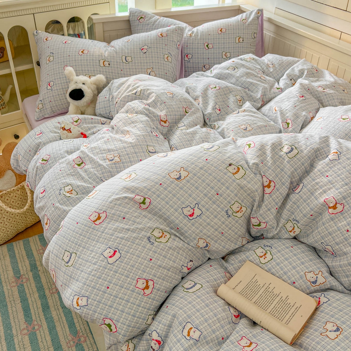 91家纺网 家纺一手货源 找家纺 冕悠家纺 2026新款超柔软105克卡通水洗棉四件套 提供买家秀 狗狗奶紫