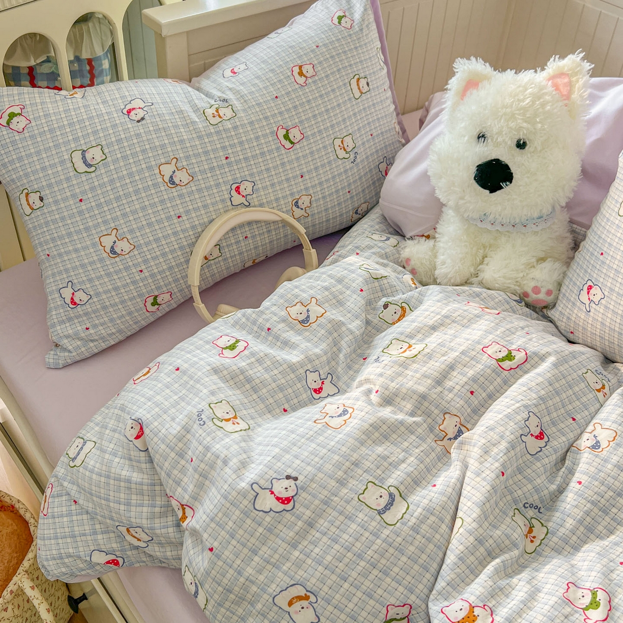 91家纺网 家纺一手货源 找家纺 冕悠家纺 2026新款超柔软105克卡通水洗棉四件套 提供买家秀 狗狗奶紫