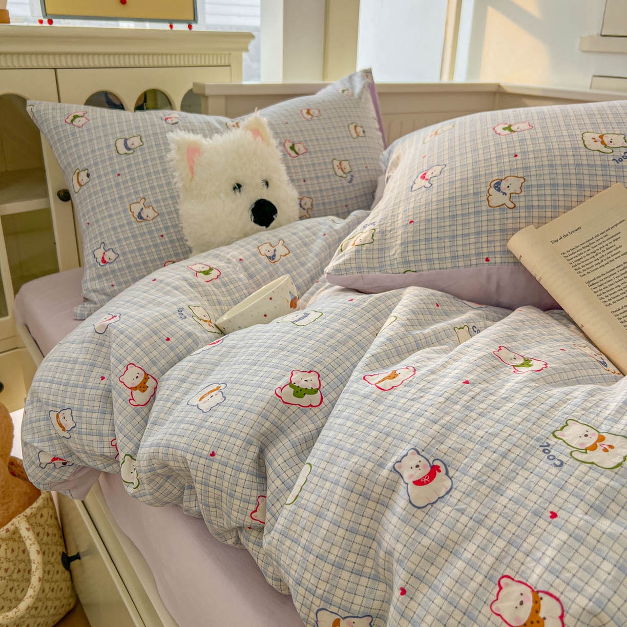 91家纺网 家纺一手货源 找家纺 冕悠家纺 2026新款超柔软105克卡通水洗棉四件套 提供买家秀 狗狗奶紫