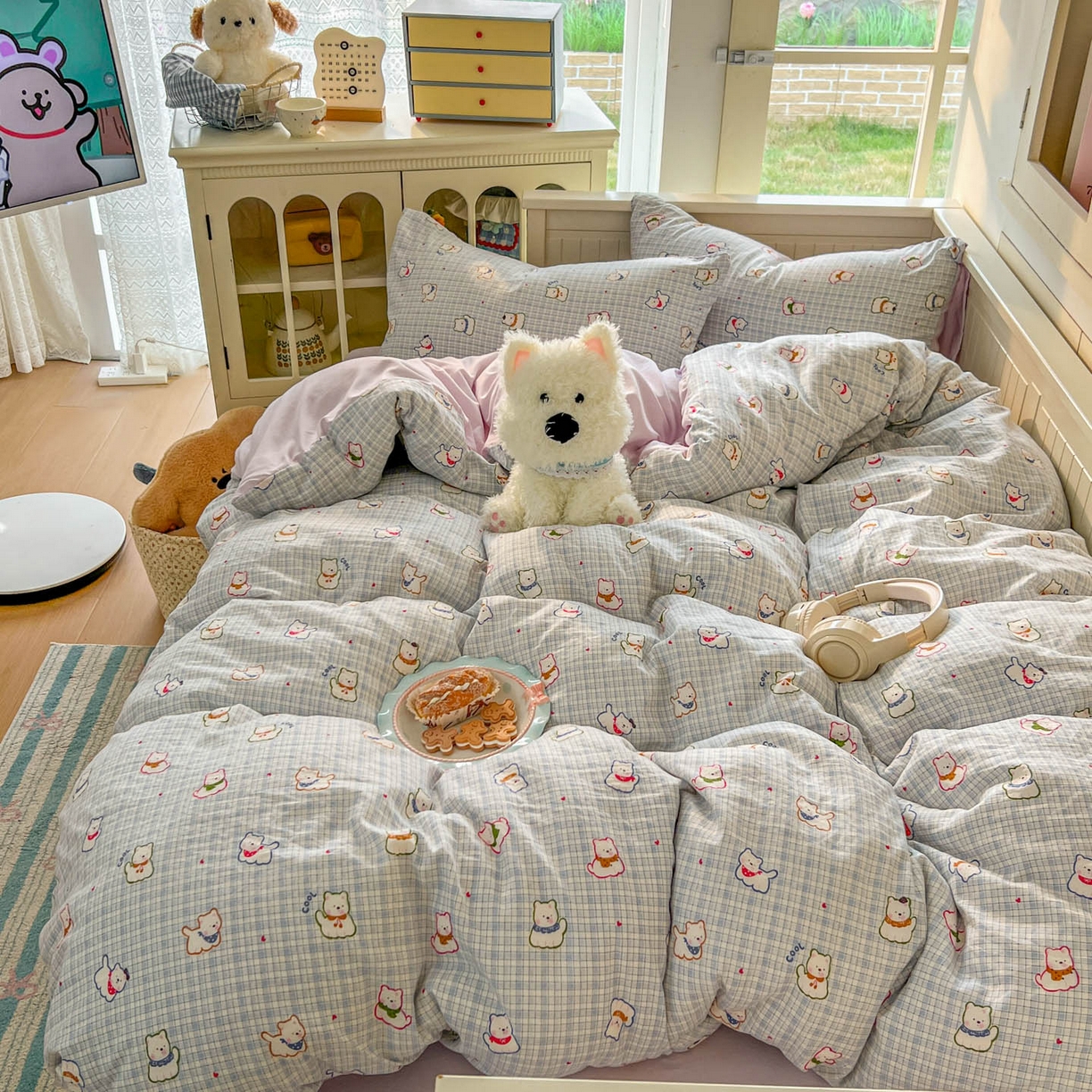 91家纺网 家纺一手货源 找家纺 冕悠家纺 2026新款超柔软105克卡通水洗棉四件套 提供买家秀 狗狗奶紫