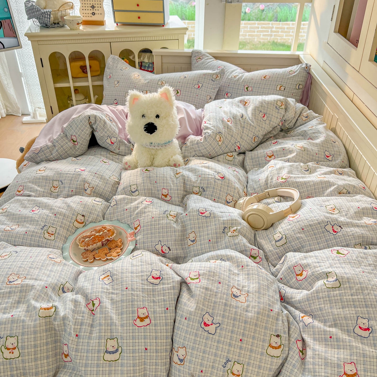 91家纺网 家纺一手货源 找家纺 冕悠家纺 2026新款超柔软105克卡通水洗棉四件套 提供买家秀 狗狗奶紫