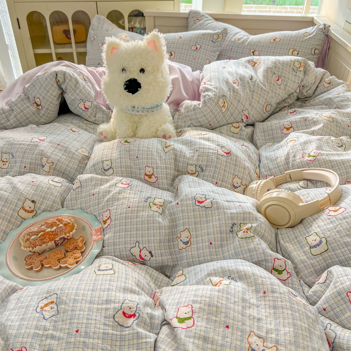 91家纺网 家纺一手货源 找家纺 冕悠家纺 2026新款超柔软105克卡通水洗棉四件套 提供买家秀 狗狗奶紫