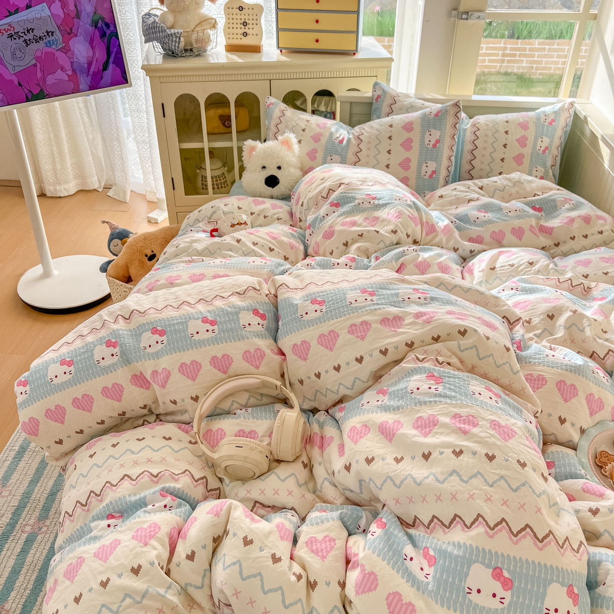 91家纺网 家纺一手货源 找家纺 冕悠家纺 2026新款超柔软105克卡通水洗棉四件套 提供买家秀 猫猫奶蓝