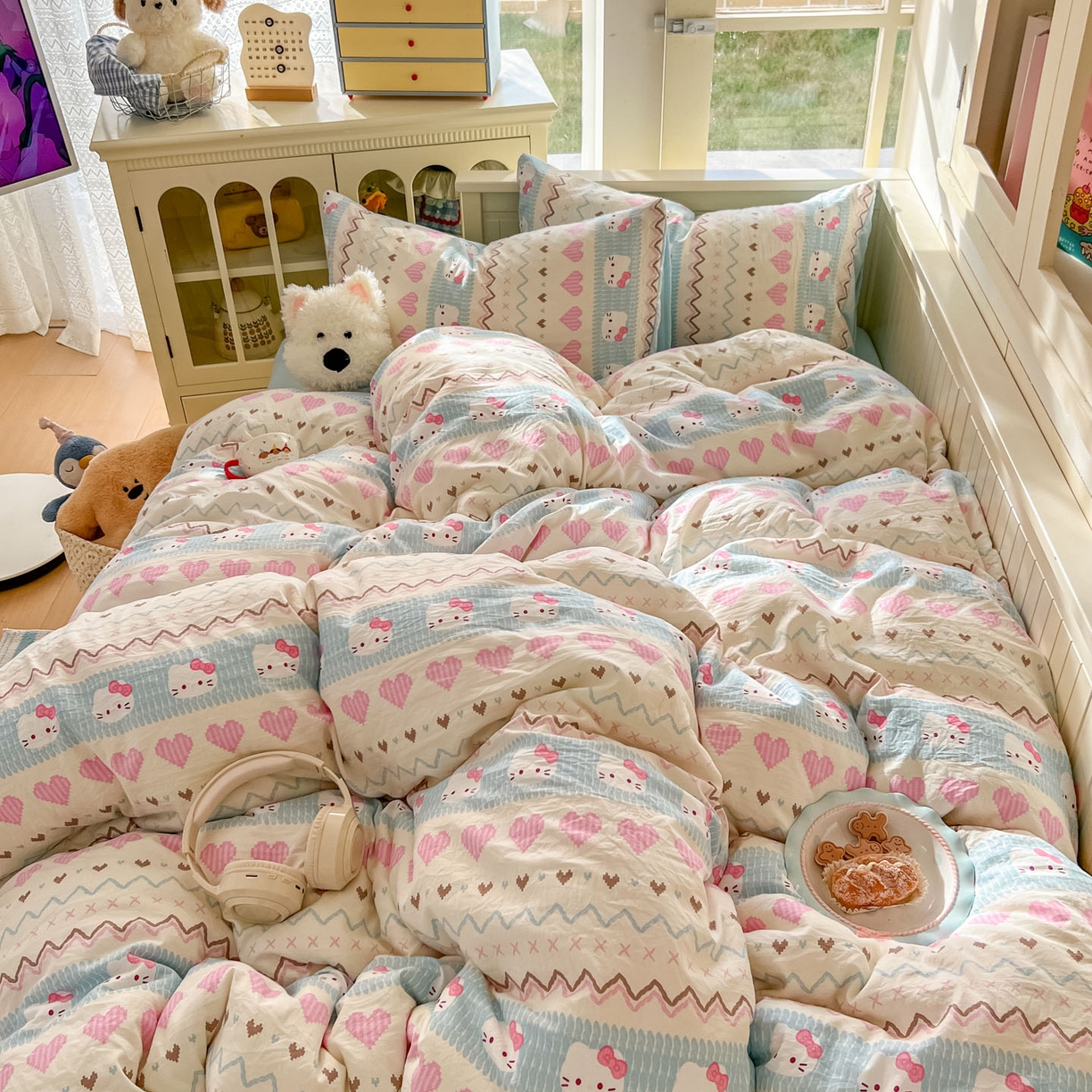 91家纺网 家纺一手货源 找家纺 冕悠家纺 2026新款超柔软105克卡通水洗棉四件套 提供买家秀 猫猫奶蓝