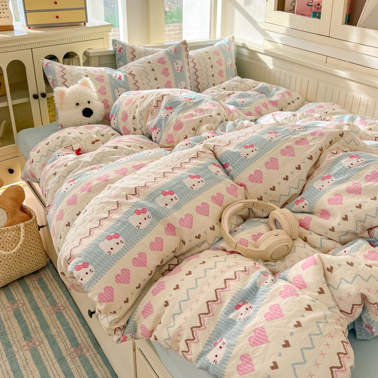 91家纺网 家纺一手货源 找家纺 冕悠家纺 2026新款超柔软105克卡通水洗棉四件套 提供买家秀 猫猫奶蓝