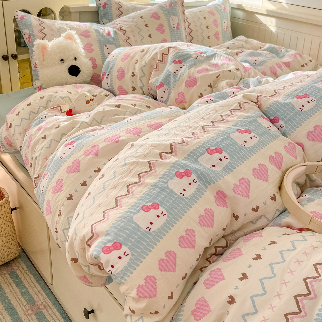 91家纺网 家纺一手货源 找家纺 冕悠家纺 2026新款超柔软105克卡通水洗棉四件套 提供买家秀 猫猫奶蓝