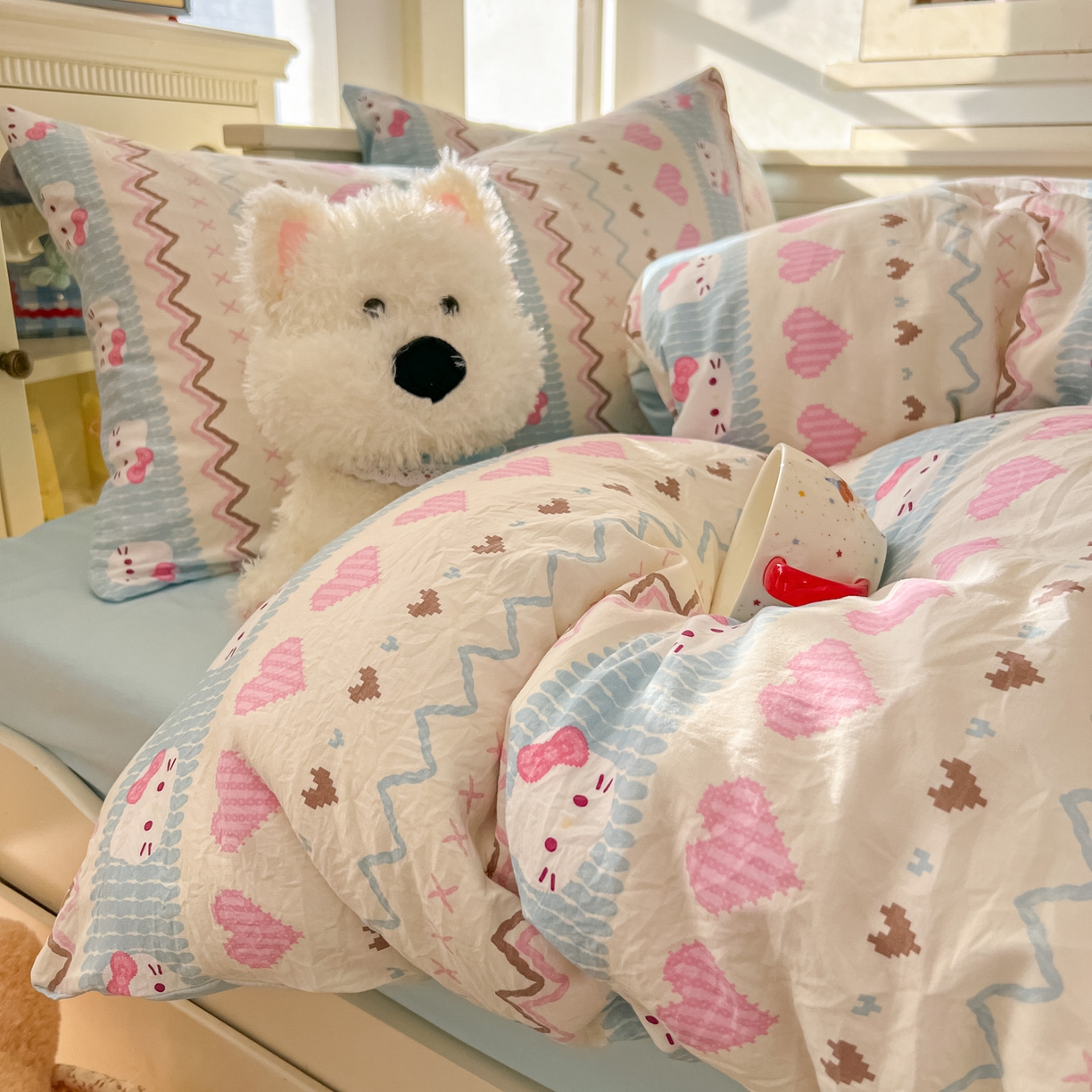 91家纺网 家纺一手货源 找家纺 冕悠家纺 2026新款超柔软105克卡通水洗棉四件套 提供买家秀 猫猫奶蓝