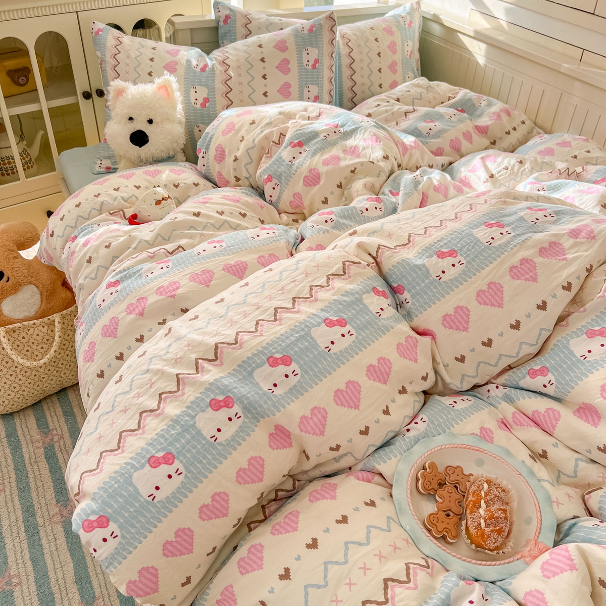 91家纺网 家纺一手货源 找家纺 冕悠家纺 2026新款超柔软105克卡通水洗棉四件套 提供买家秀 猫猫奶蓝