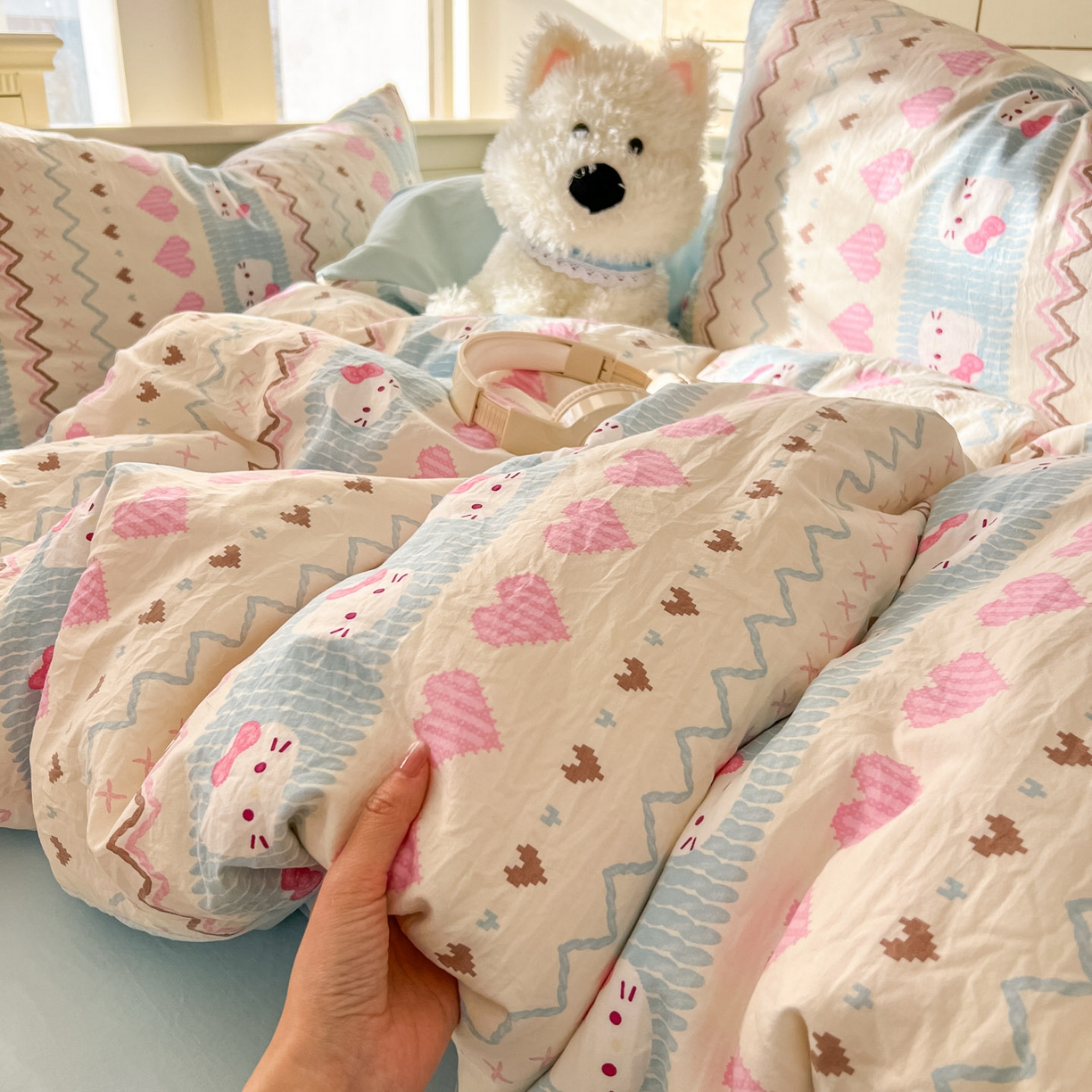 91家纺网 家纺一手货源 找家纺 冕悠家纺 2026新款超柔软105克卡通水洗棉四件套 提供买家秀 猫猫奶蓝