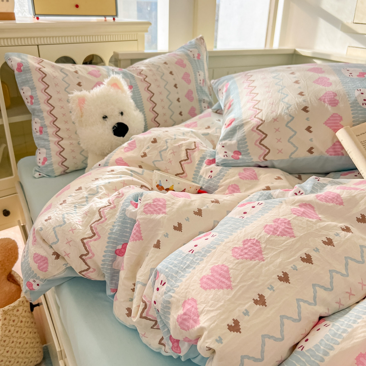 91家纺网 家纺一手货源 找家纺 冕悠家纺 2026新款超柔软105克卡通水洗棉四件套 提供买家秀 猫猫奶蓝