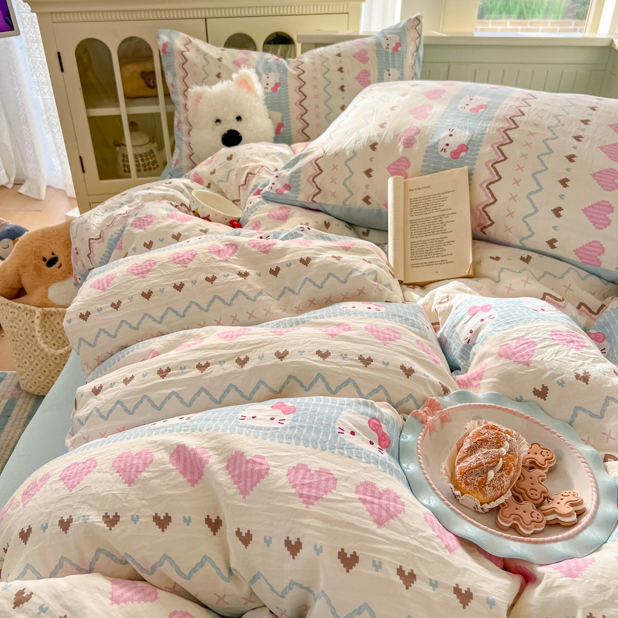 91家纺网 家纺一手货源 找家纺 冕悠家纺 2026新款超柔软105克卡通水洗棉四件套 提供买家秀 猫猫奶蓝