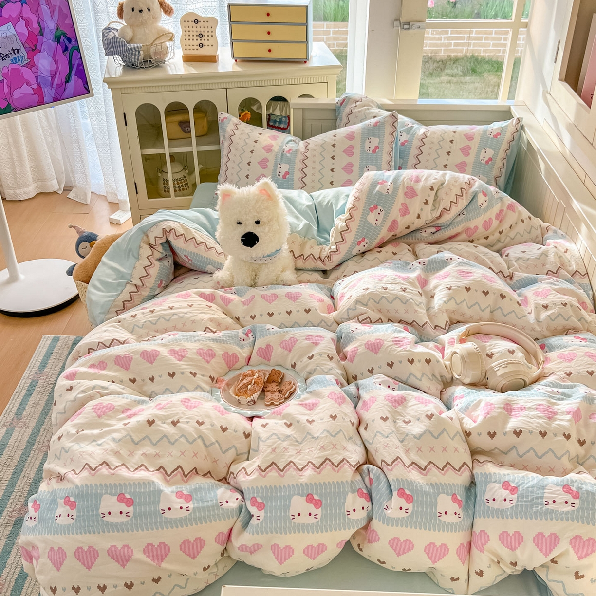 91家纺网 家纺一手货源 找家纺 冕悠家纺 2026新款超柔软105克卡通水洗棉四件套 提供买家秀 猫猫奶蓝