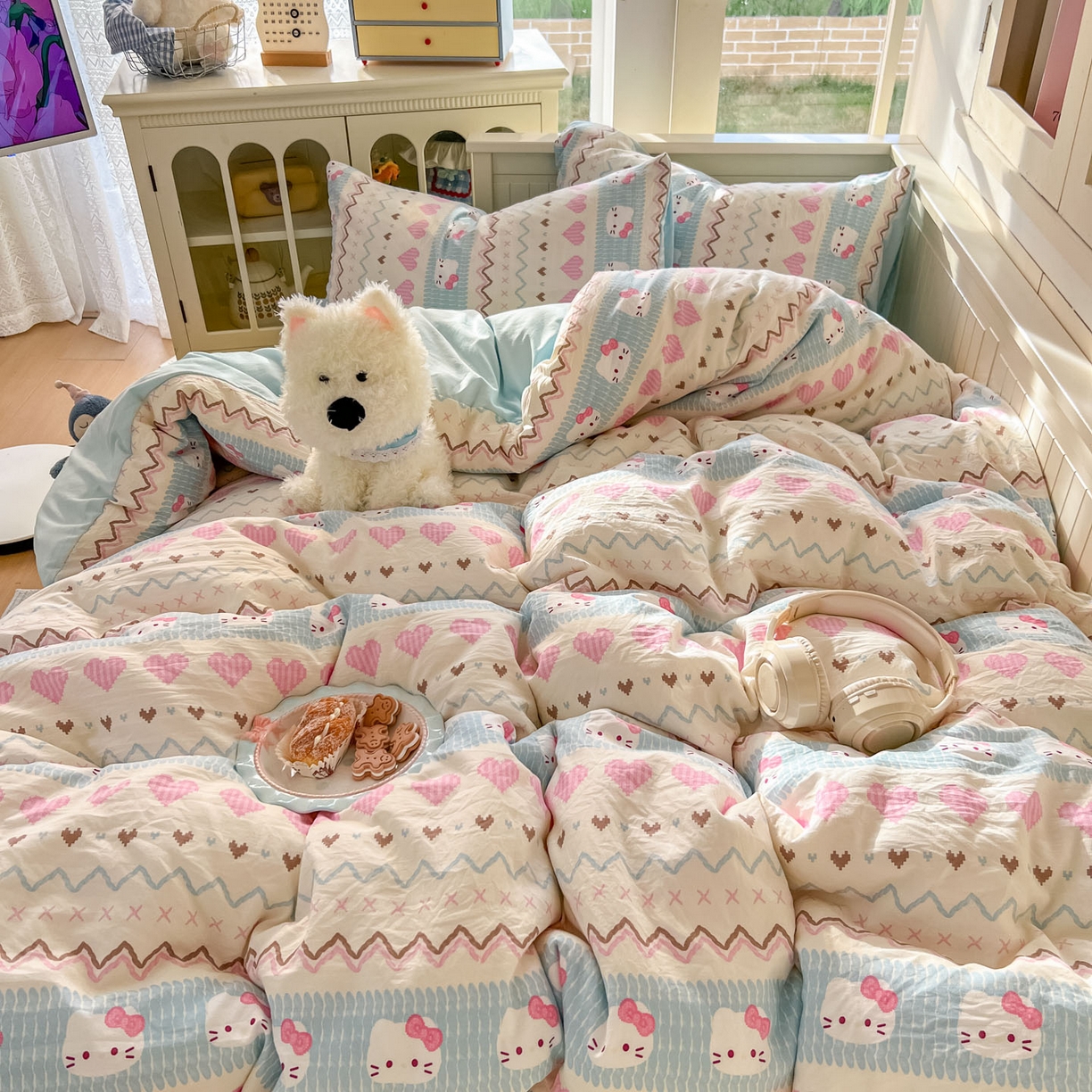 91家纺网 家纺一手货源 找家纺 冕悠家纺 2026新款超柔软105克卡通水洗棉四件套 提供买家秀 猫猫奶蓝