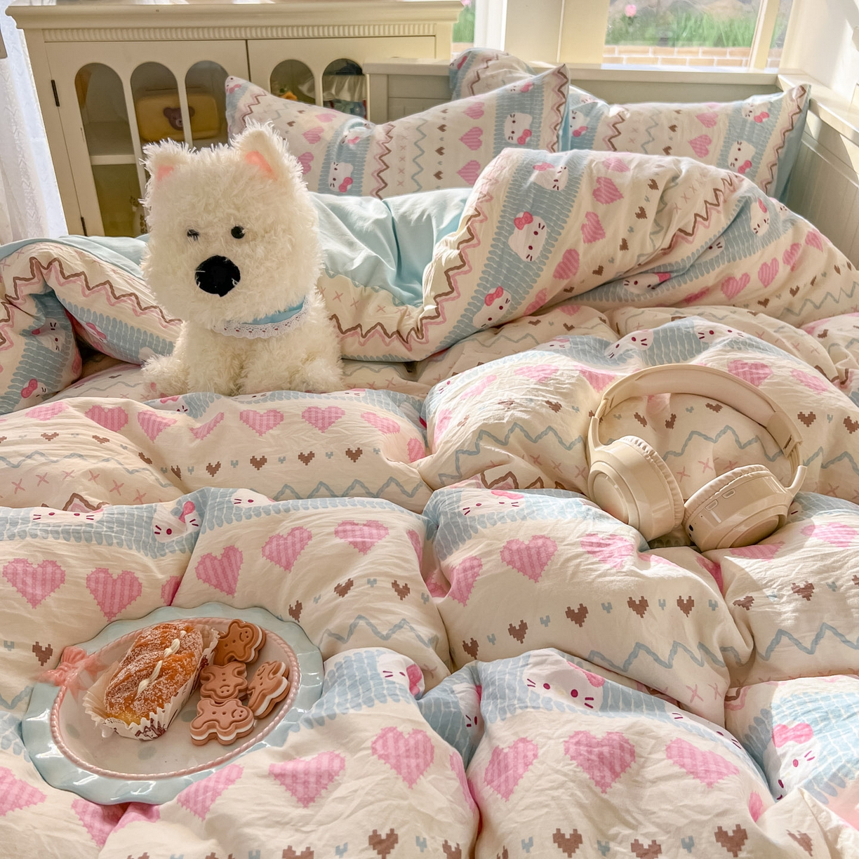 91家纺网 家纺一手货源 找家纺 冕悠家纺 2026新款超柔软105克卡通水洗棉四件套 提供买家秀 猫猫奶蓝