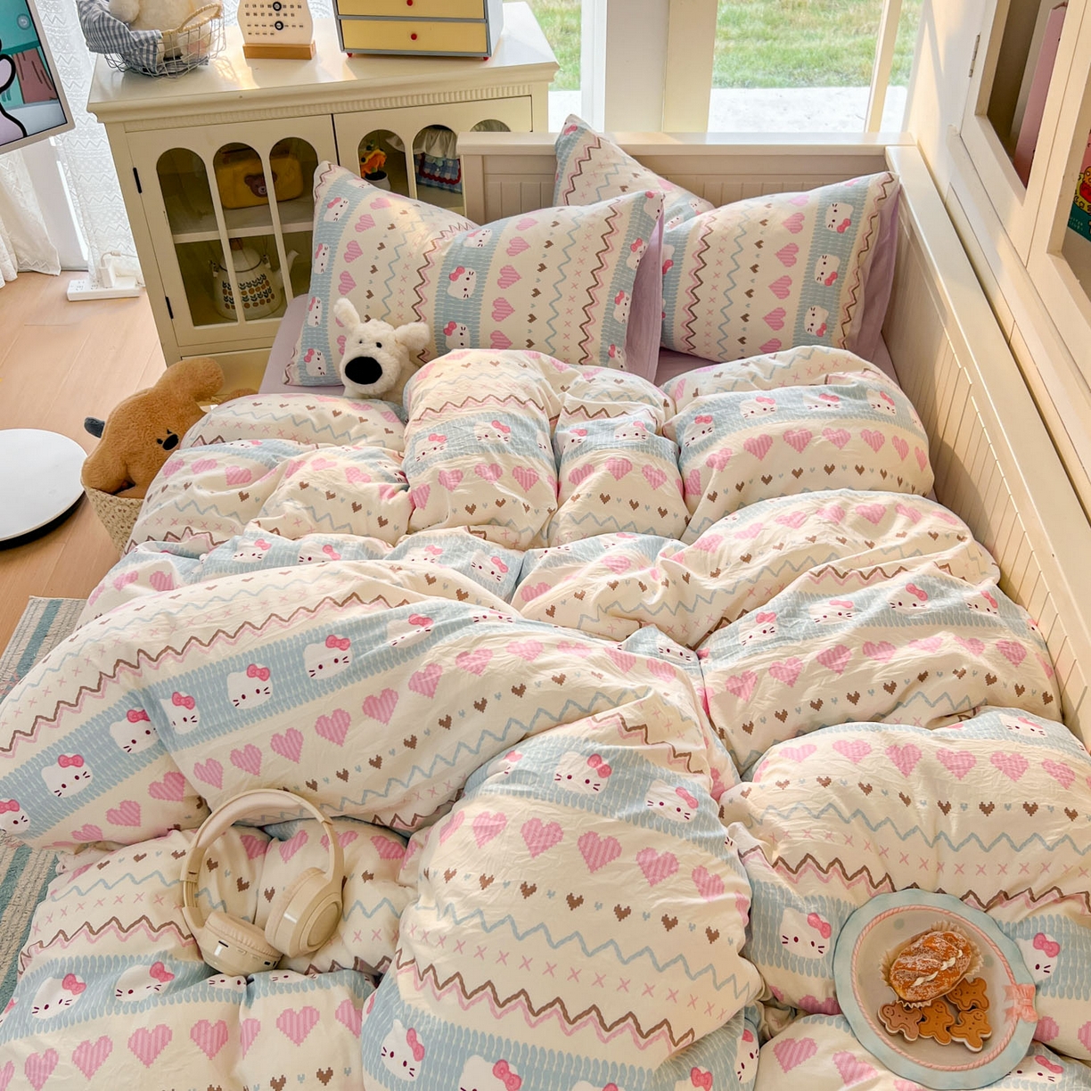 91家纺网 家纺一手货源 找家纺 冕悠家纺 2026新款超柔软105克卡通水洗棉四件套 提供买家秀 猫猫奶紫