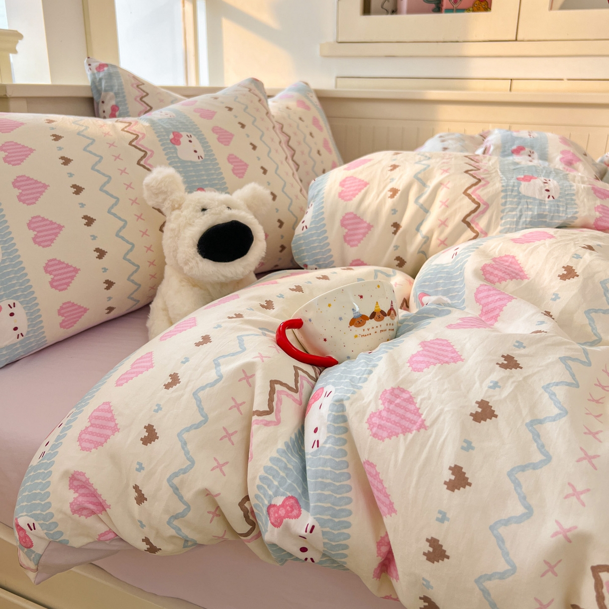 91家纺网 家纺一手货源 找家纺 冕悠家纺 2026新款超柔软105克卡通水洗棉四件套 提供买家秀 猫猫奶紫